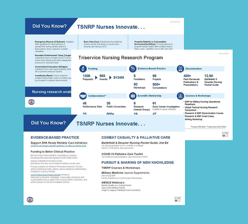 Three overlapping presentation slides about the Tranistional Nursing Research Program, highlighting research initiatives, evidence-based practices, and program funding details, including statistics on research projects, workshops, and collaborations.
