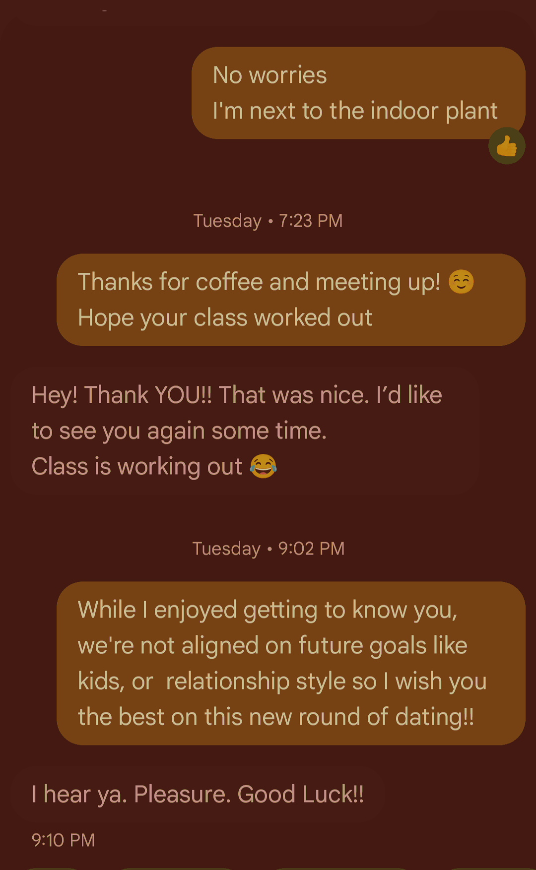 Final text exchange with the Beach Bum