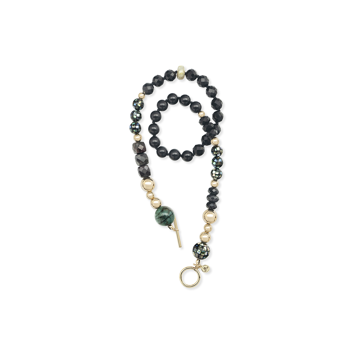 A black, blue and colorful beaded toggle necklace displayed in a coil shape