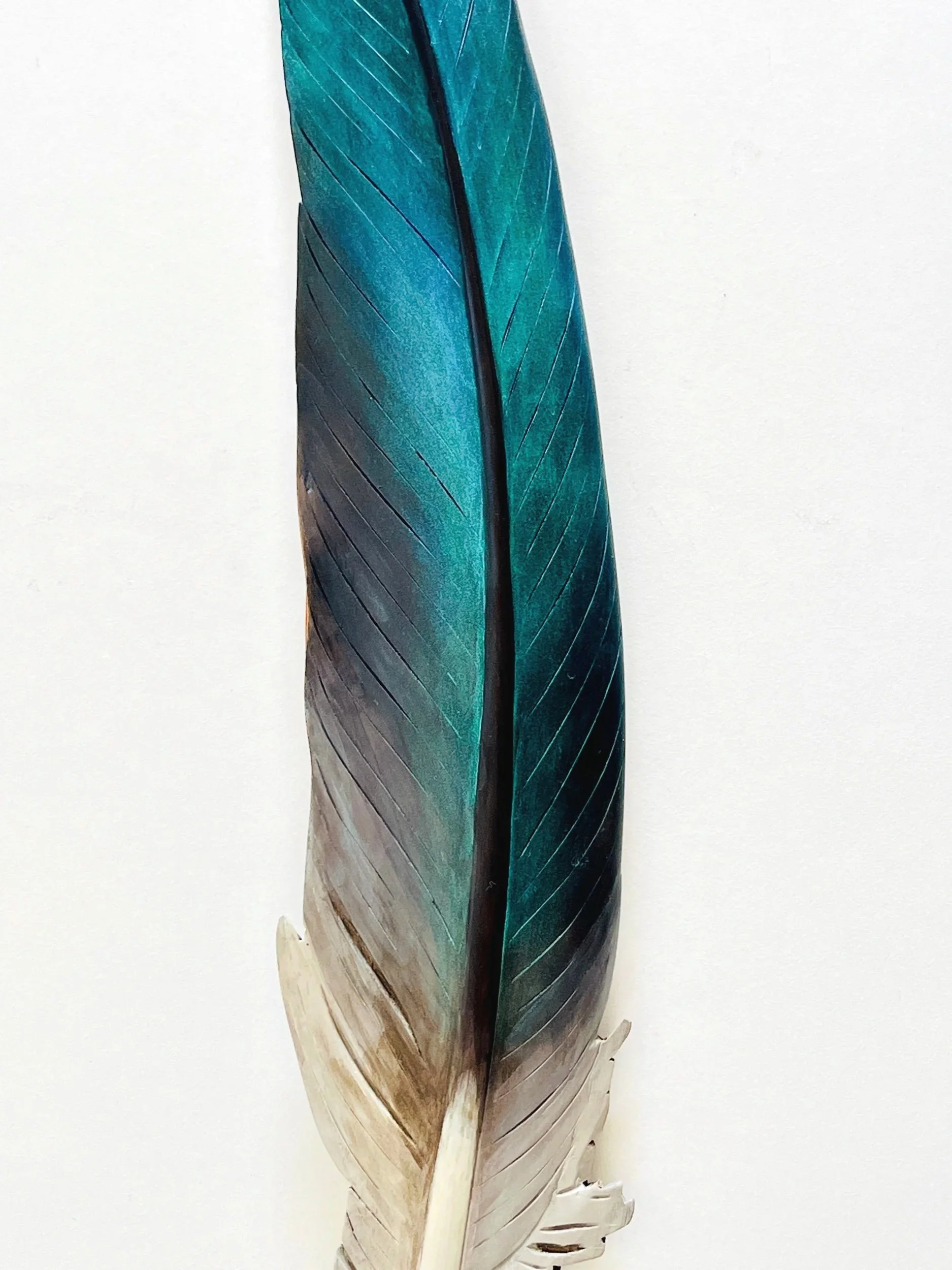 detail of iridescent blue green kereru feather art by claire jensen