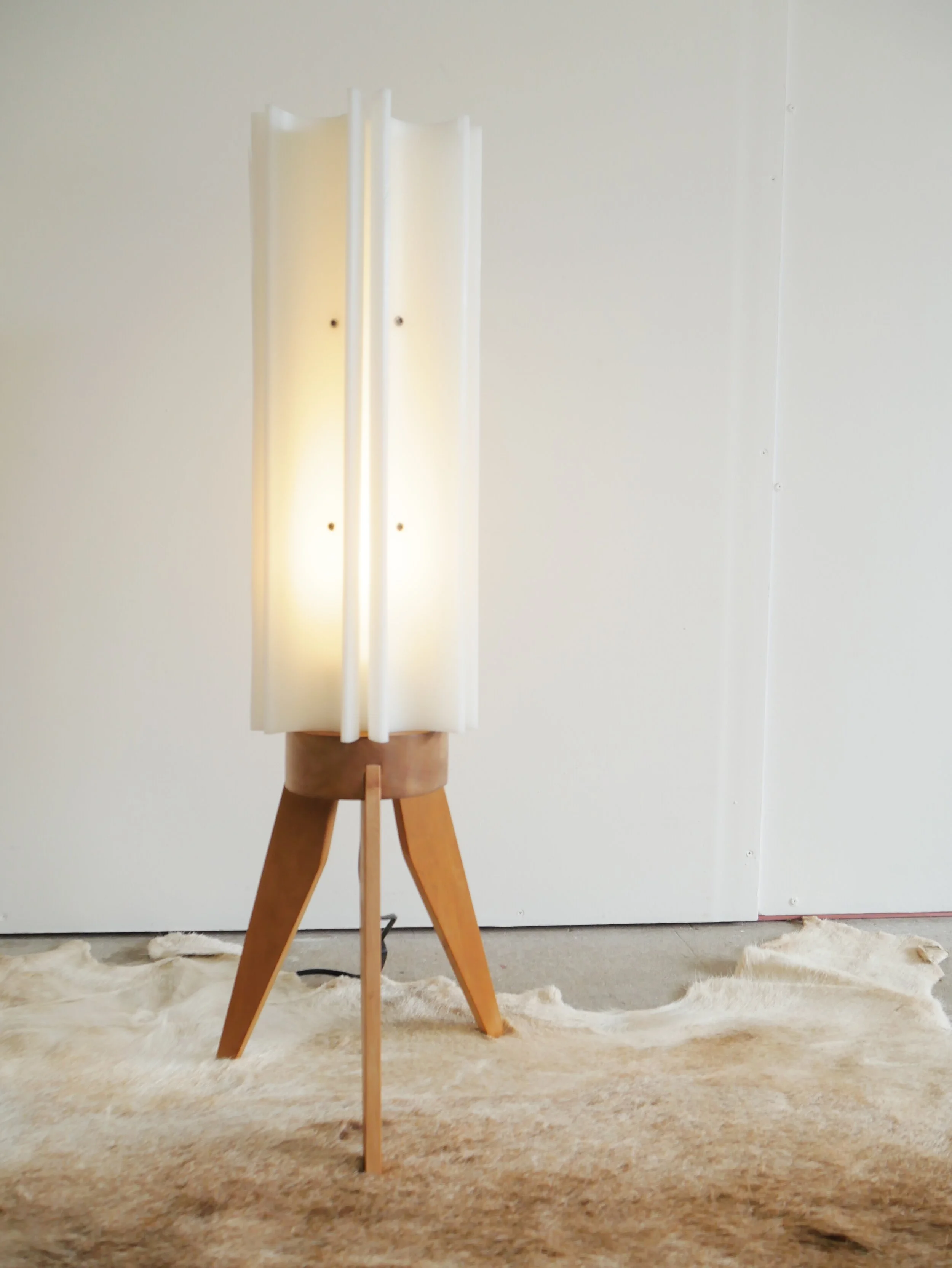 Mid Century inspired functional design 'Sputnik Lamp' made from recycled plastic and rimu. 