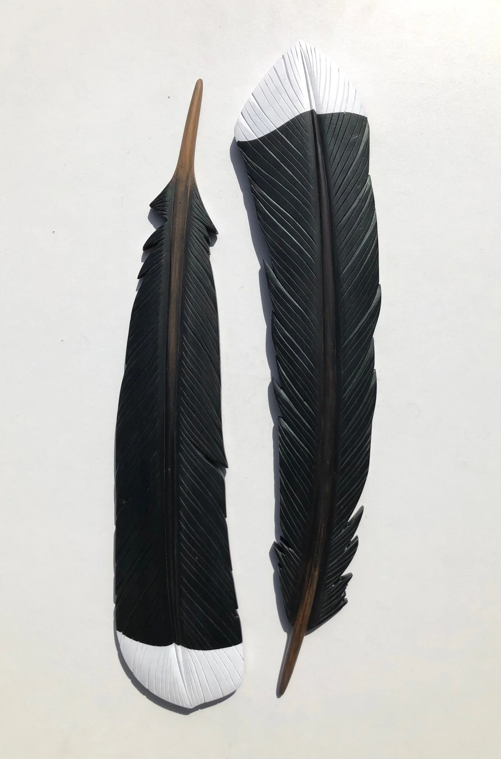 Carved Huia feather set made by Claire Jesen, Taranaki. 