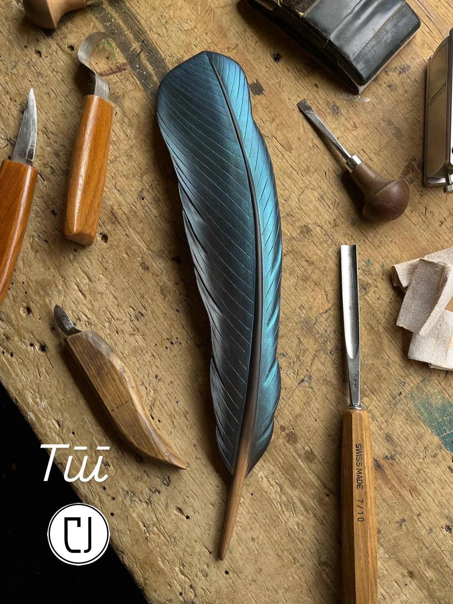 Captured in perfect lighting on this rainy Summer&rsquo;s day, my first carved tūī feather for the New Year 2026! A handcrafted and painted tūī  wing feather made from salvaged matai a native New Zealand timber. This piece represents a perfect synerg