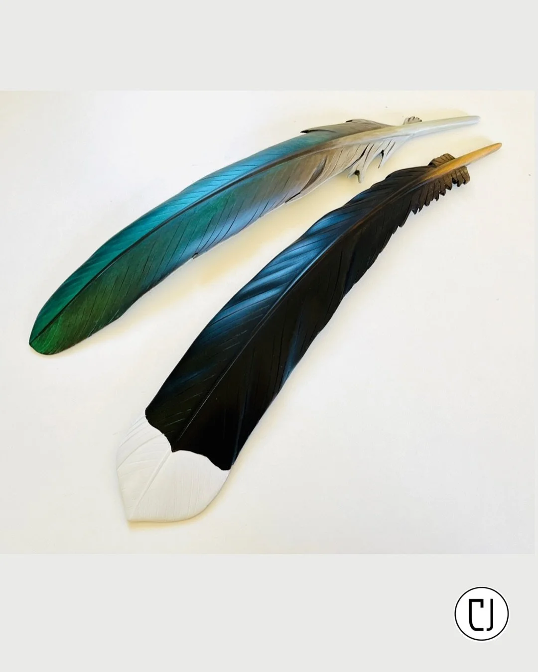 Two iconic manu of Aotearoa, the kererū and huia. Firstly the stunning iridescent green sheen of the native wood pigeon captured here in this carved wooden wing feather. Followed by a carving of the striking black and white patterned tail feather of 