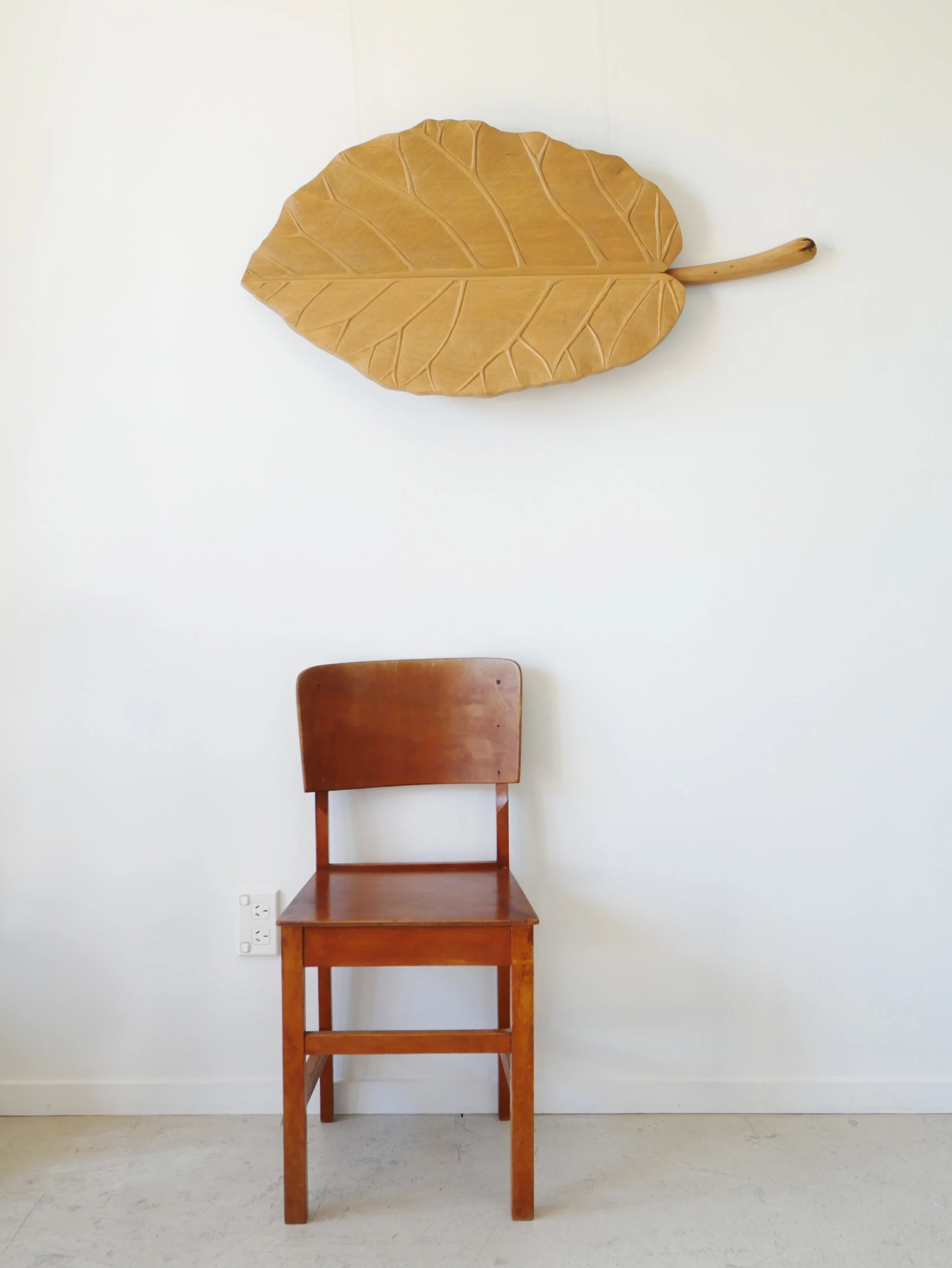 Carved rimu puka leaf wall art by Claire Jensen 2022. 