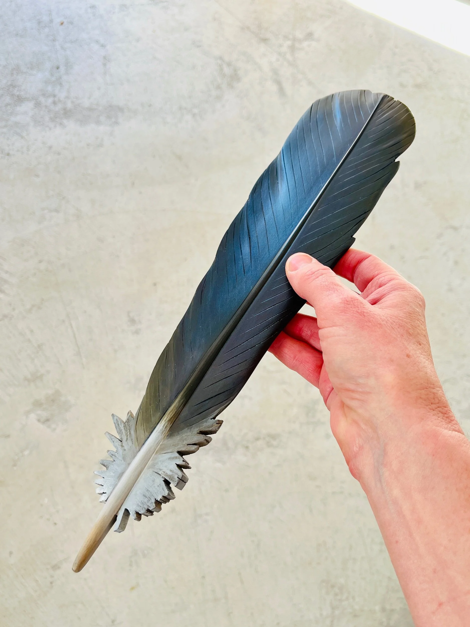 Kererū Tail Feather Art in Rimu-37cm