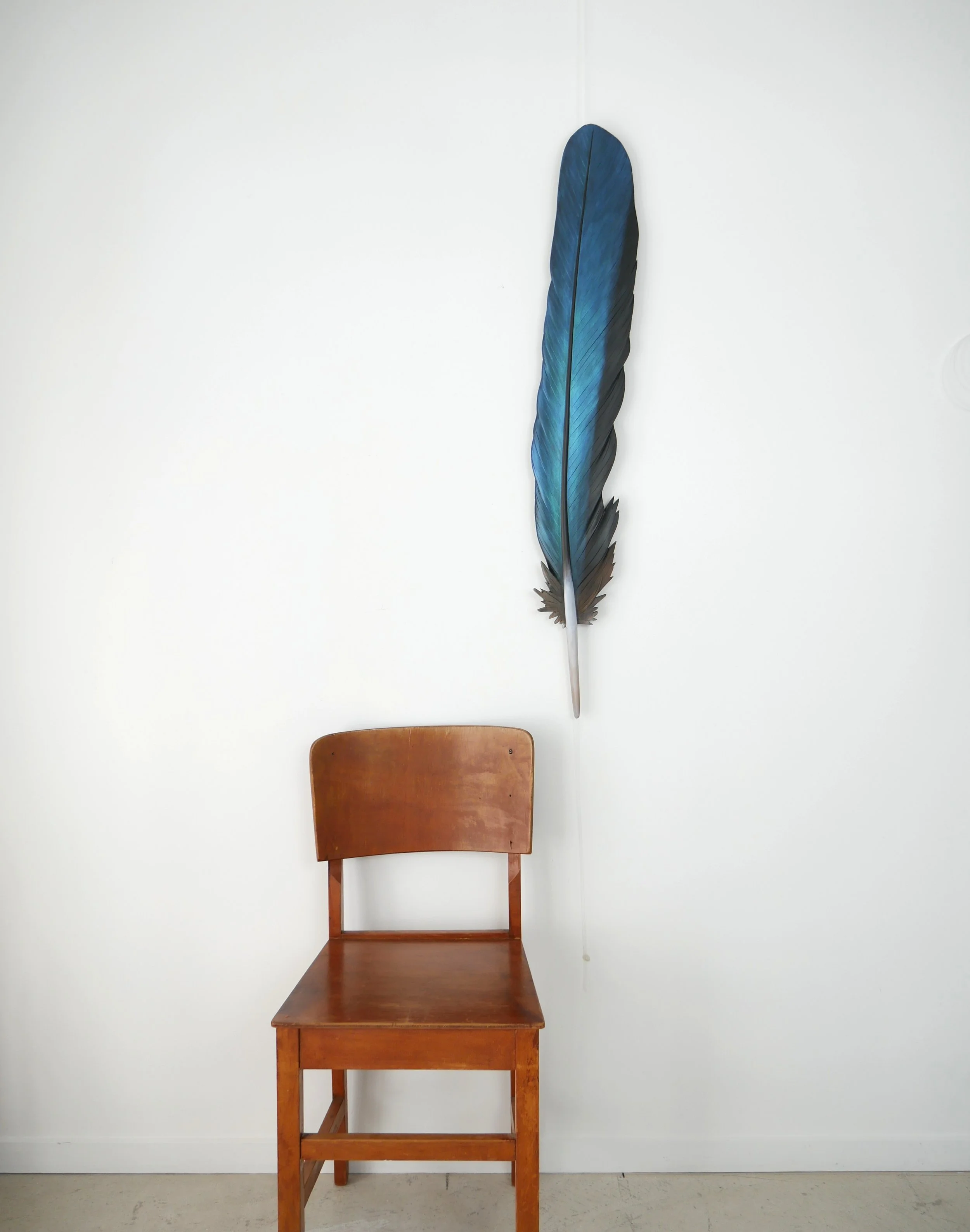 A 1m long kotare/sacred kingfisher wing feather carved in rimu. Made on commission 2025 by Claire Jensen, New Zealand. 