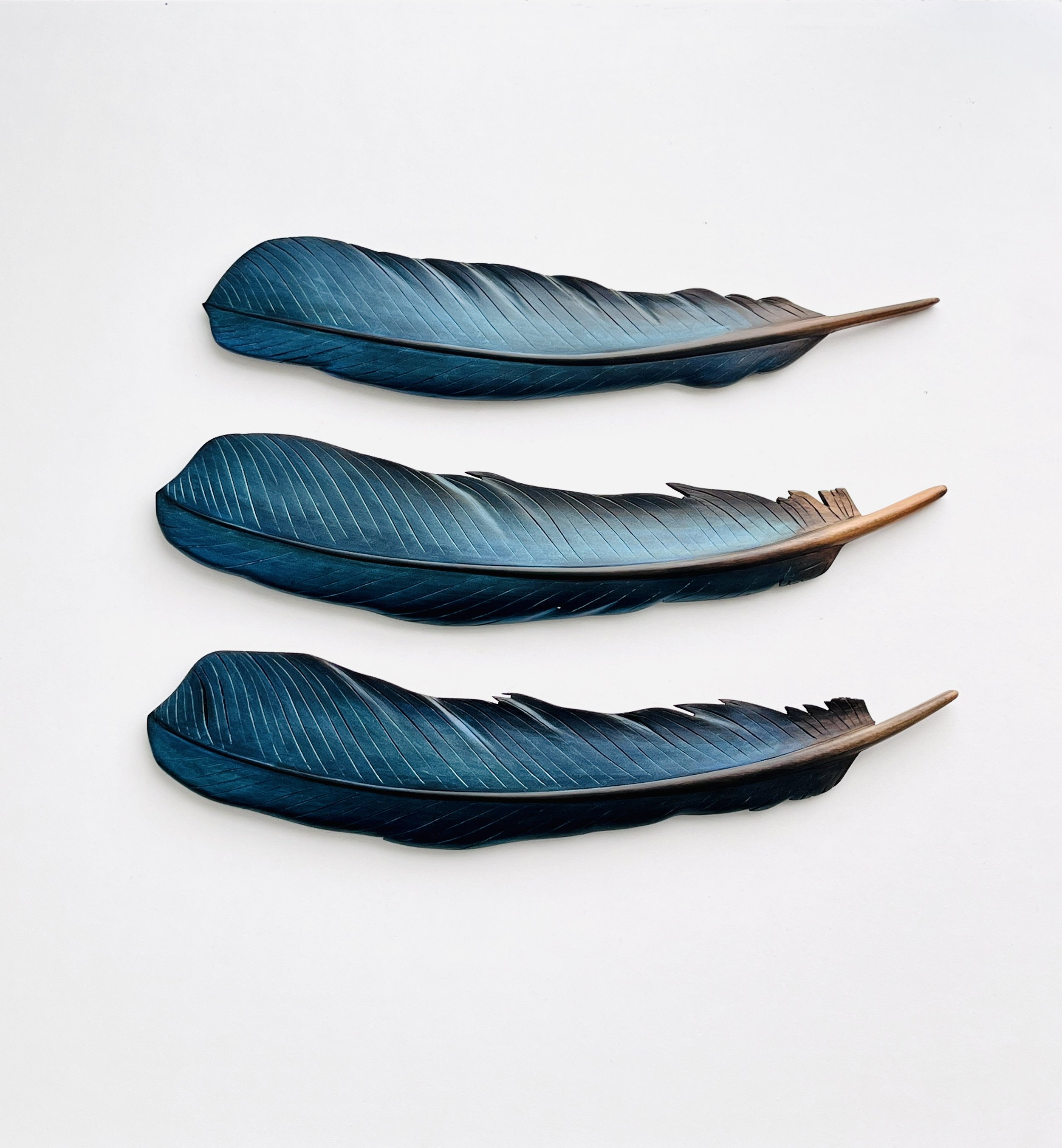 Carved native New Zealand native timber tūī feather wall art. Painted iridescent blue green to replecate the sheen of the iconic tūī of Aotearoa. 