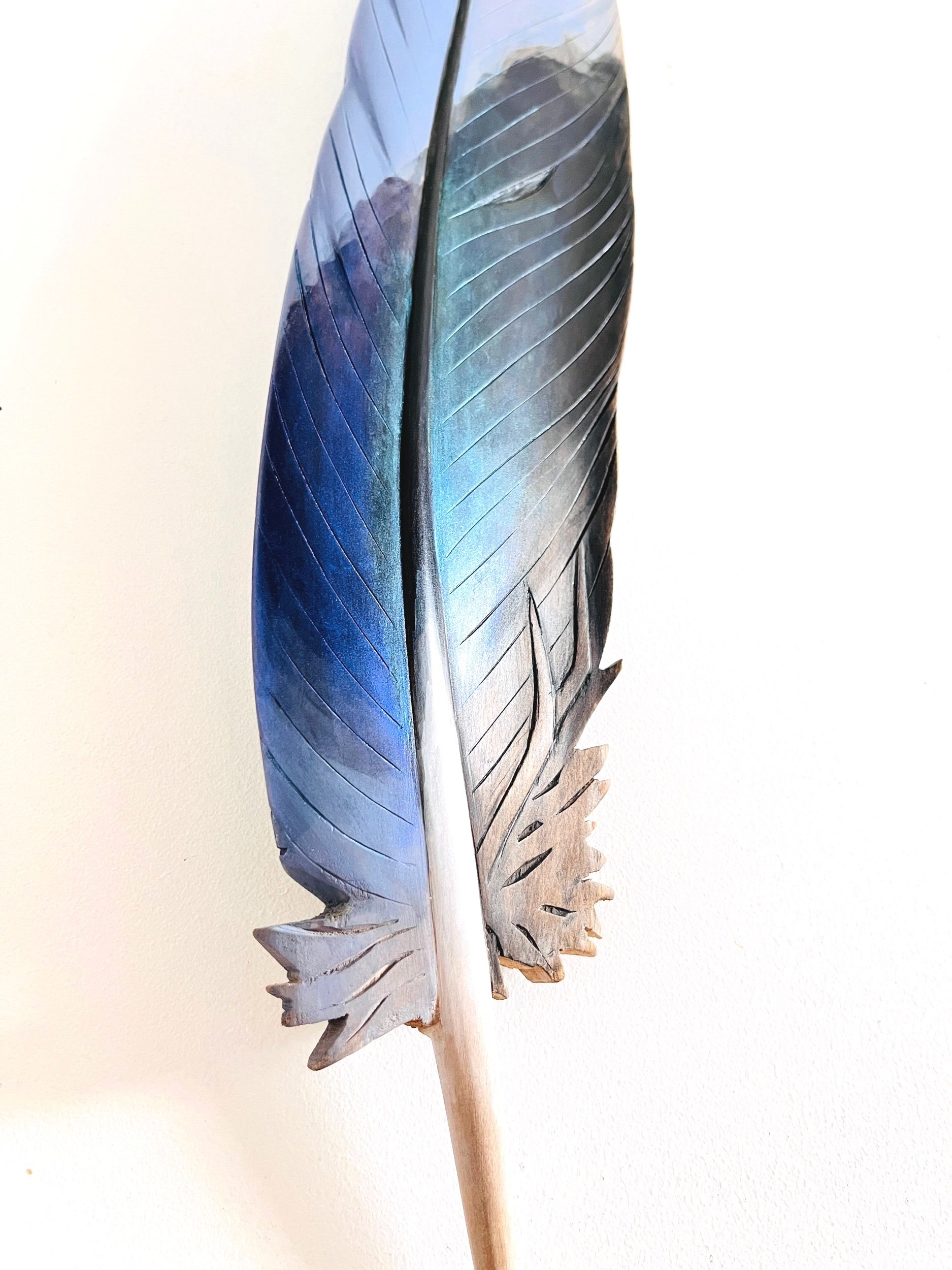 detail of colours of easten rosella feather art by Claire Jensen