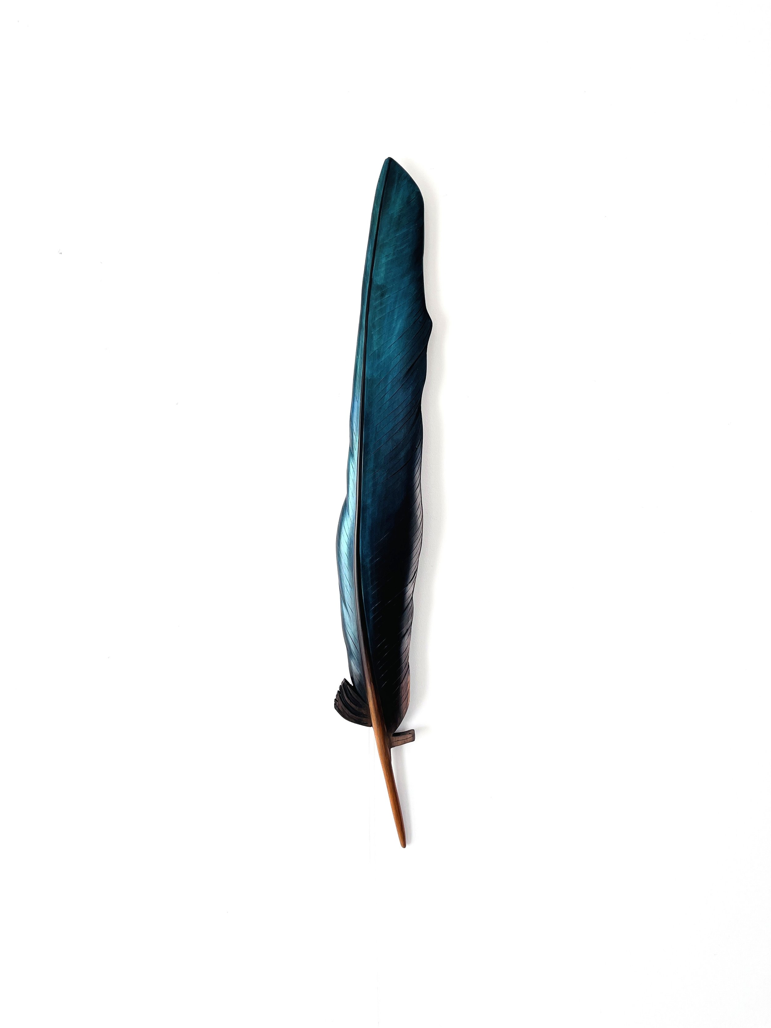 carved tui feather art iridescent blue