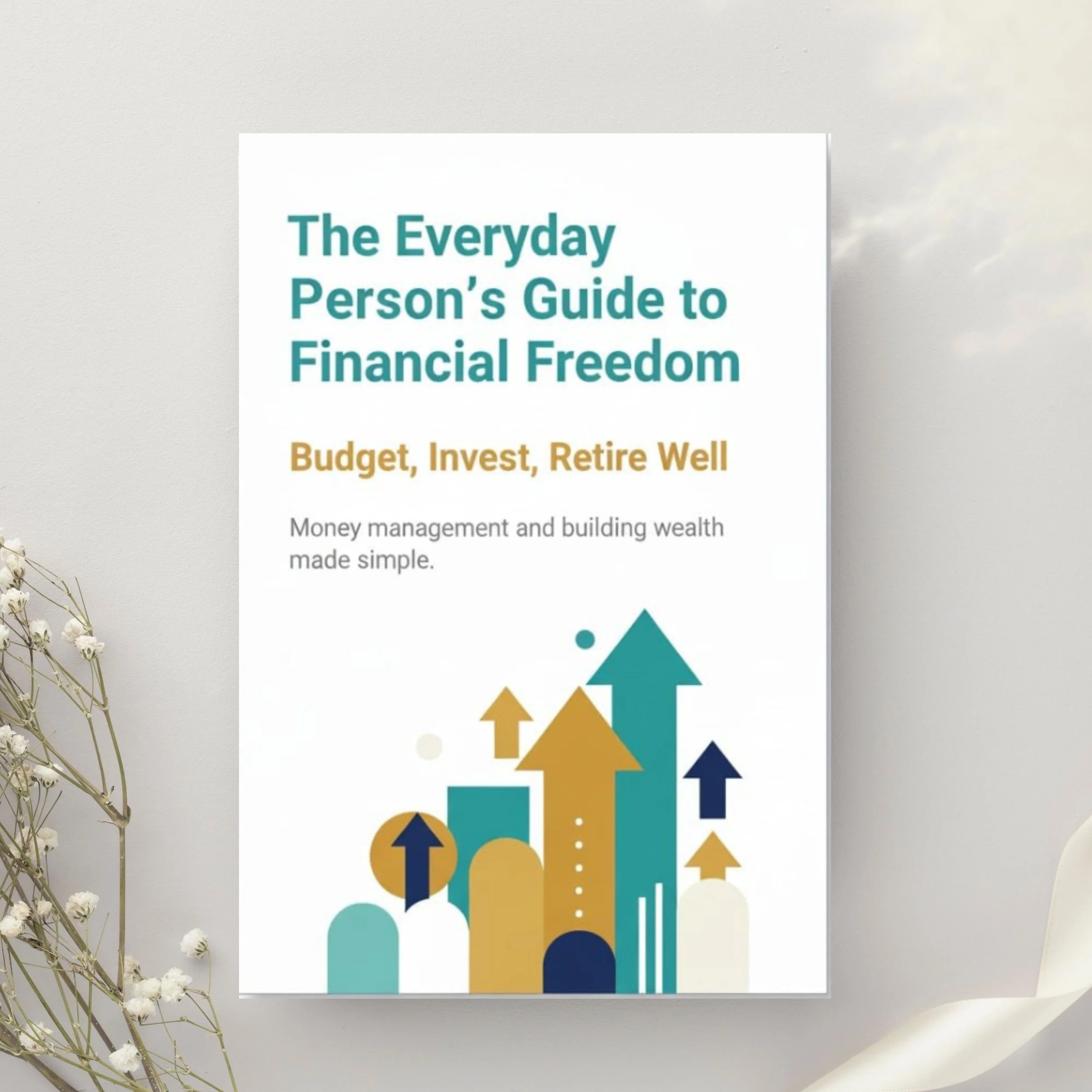 Book cover titled 'The Everyday Person's Guide to Financial Freedom: Budget, Invest, Retire Well,' featuring colorful upward arrows and a subtitle about money management.