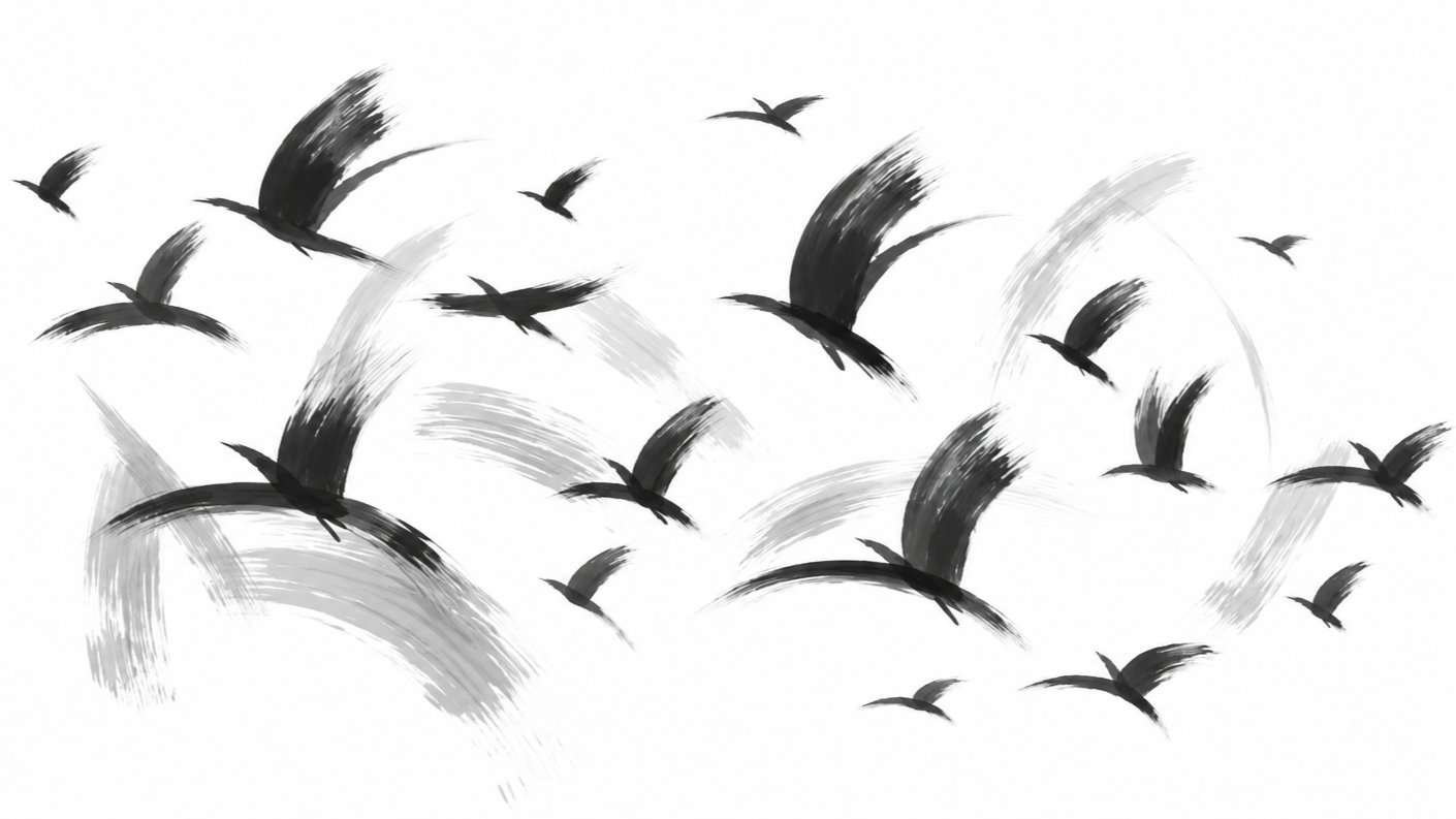 Abstract black and gray brush strokes depicting flying birds on a white background