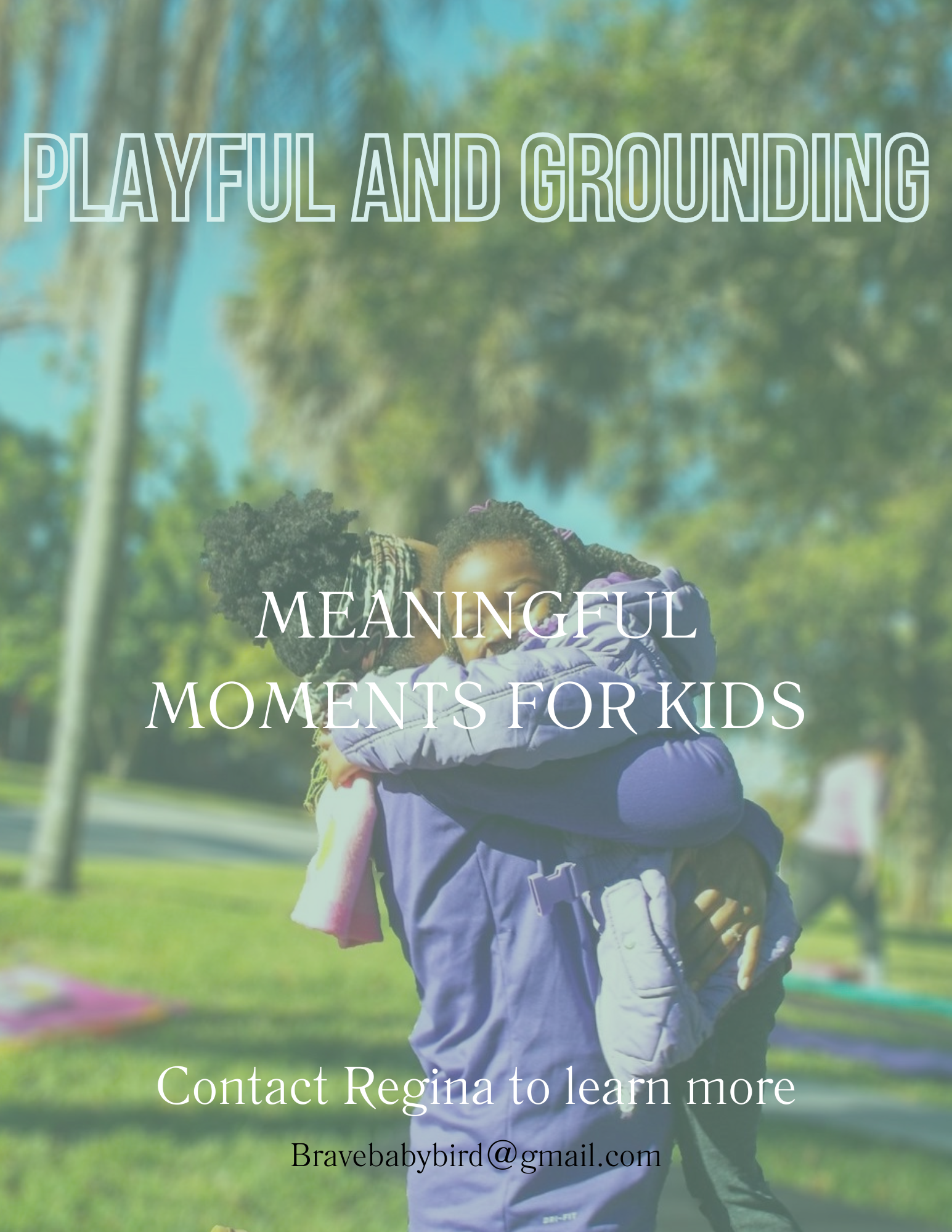 Regina hugging a kid with yoga mats in background