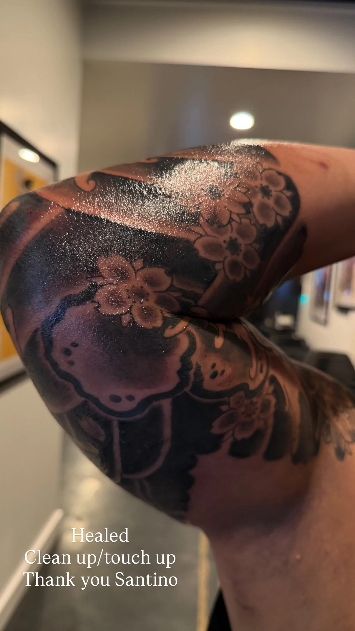 Close-up photo of a tattooed person's arm with cherry blossom designs. The text overlays say: "Healed, Clean up/touch up, Thank you Santino."