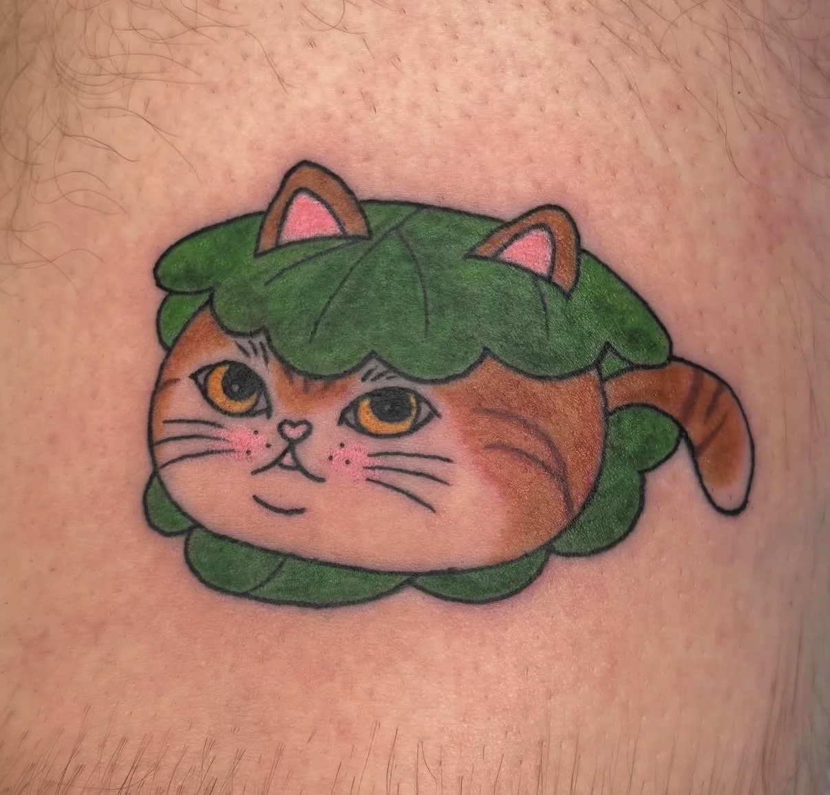 Colorful tattoo of a kitten with a leaf covering its head, resembling a costume, on skin.