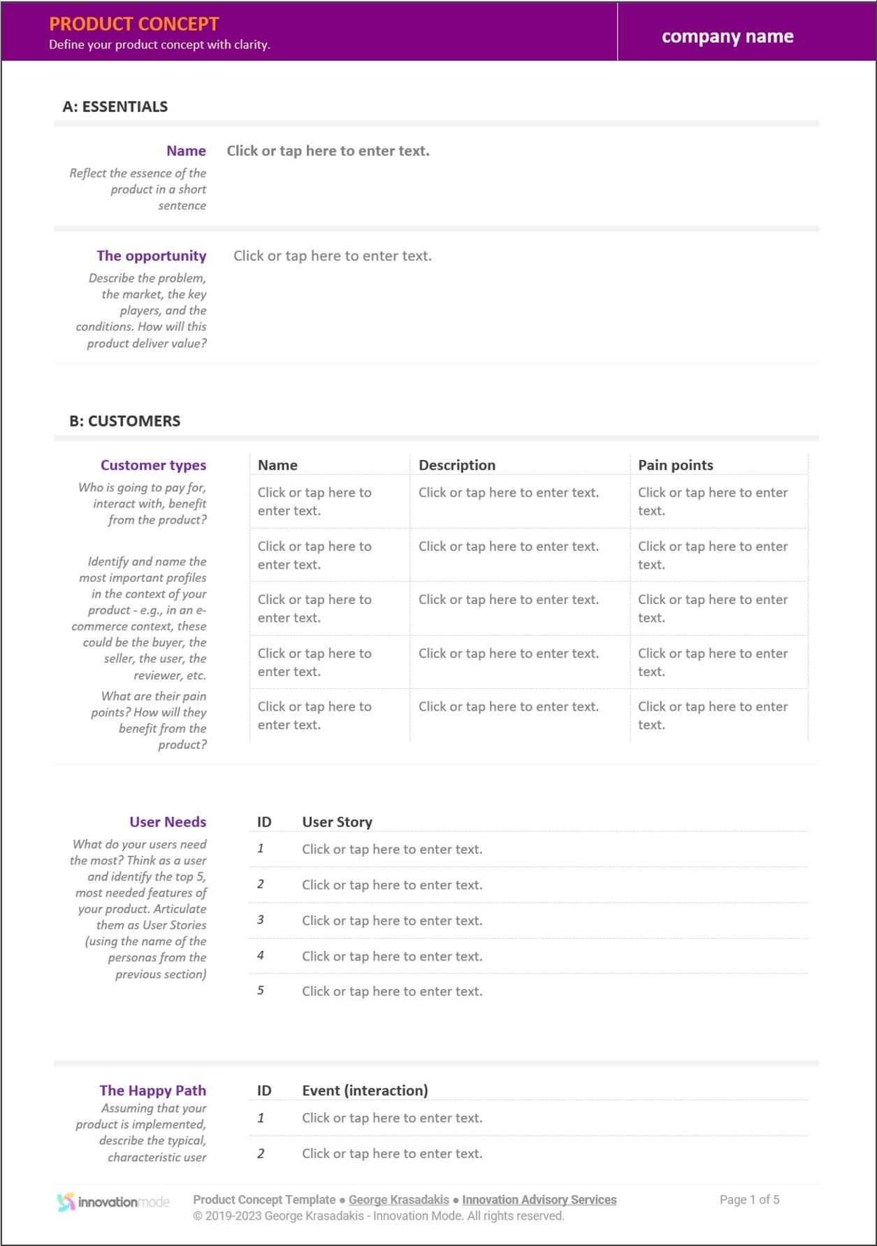 Product Concept Template — holistic framework for articulating product vision, users, strategy, and monetization