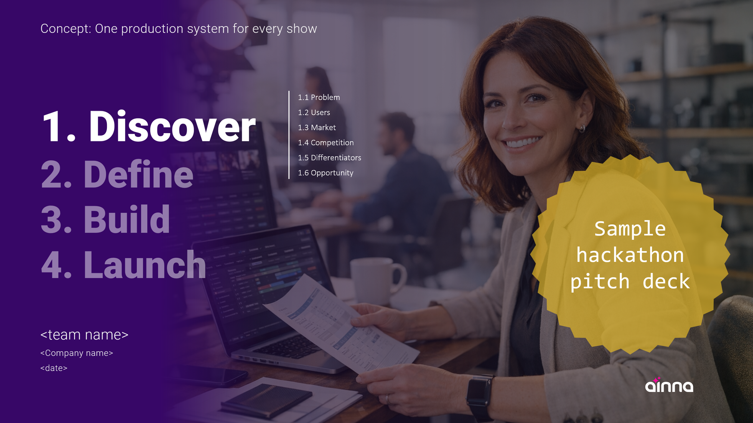 Hackathon pitch deck cover. By ainna.ai