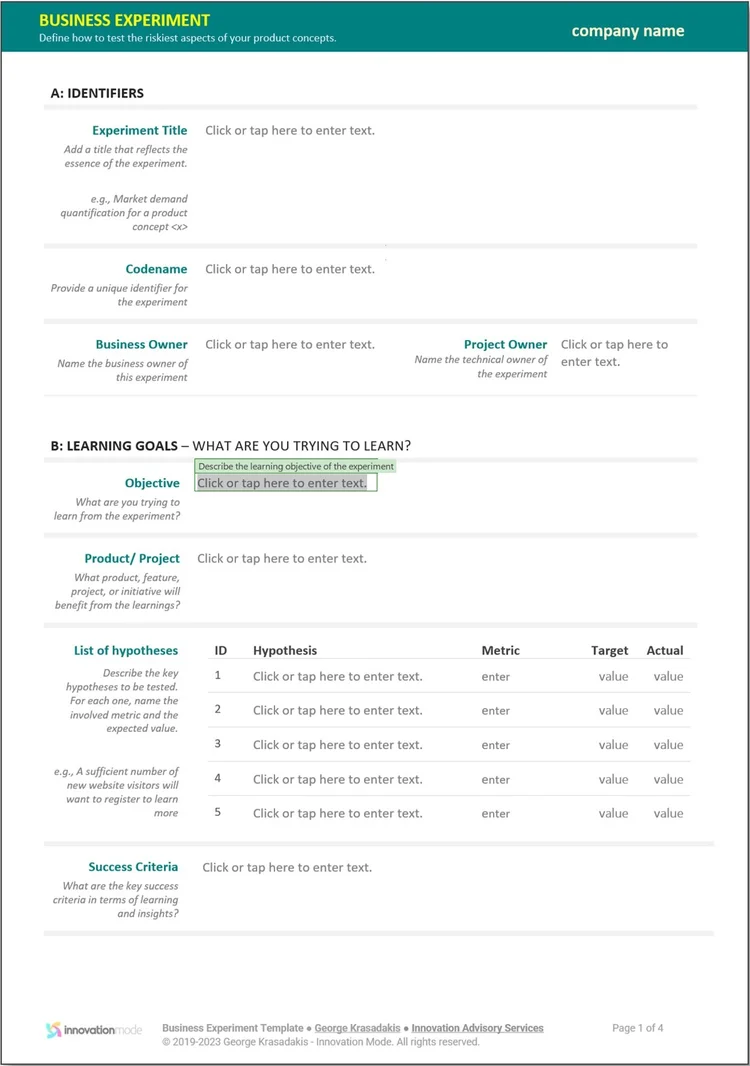 Innovation Business Experiment Template — structured framework for validating hypotheses