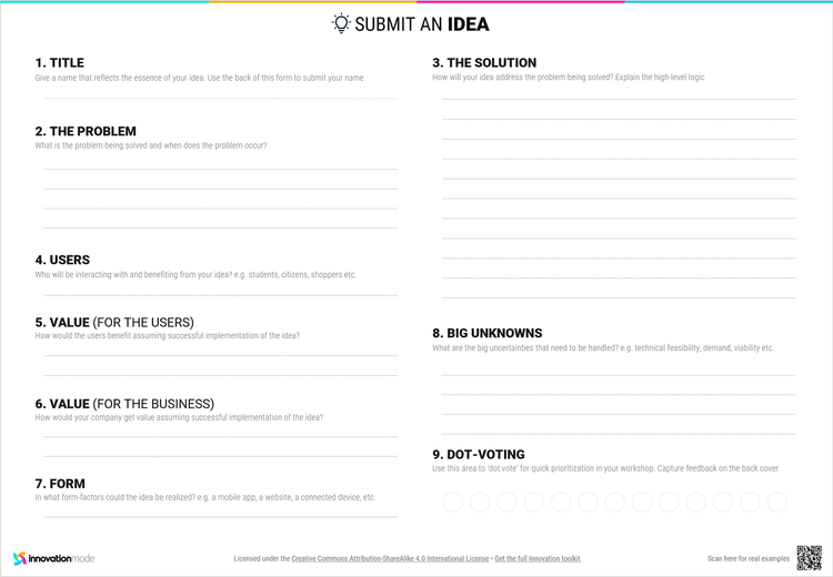 Brainstorming idea capture template for workshop participants
