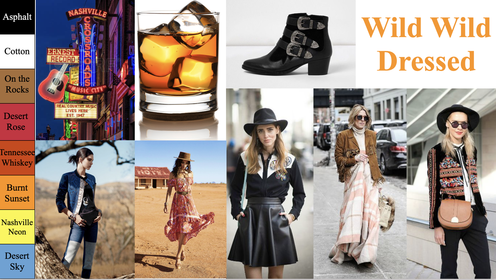 Color Palette	The colors I have chosen for my palette are: Asphalt (black), Cotton (white), On the Rocks (brown), Desert Rose (magenta), Tennessee Whiskey (dark orange), Burnt Sunset (orange), Nashville Neon (yellow), Desert Sky (blue). My theme der…