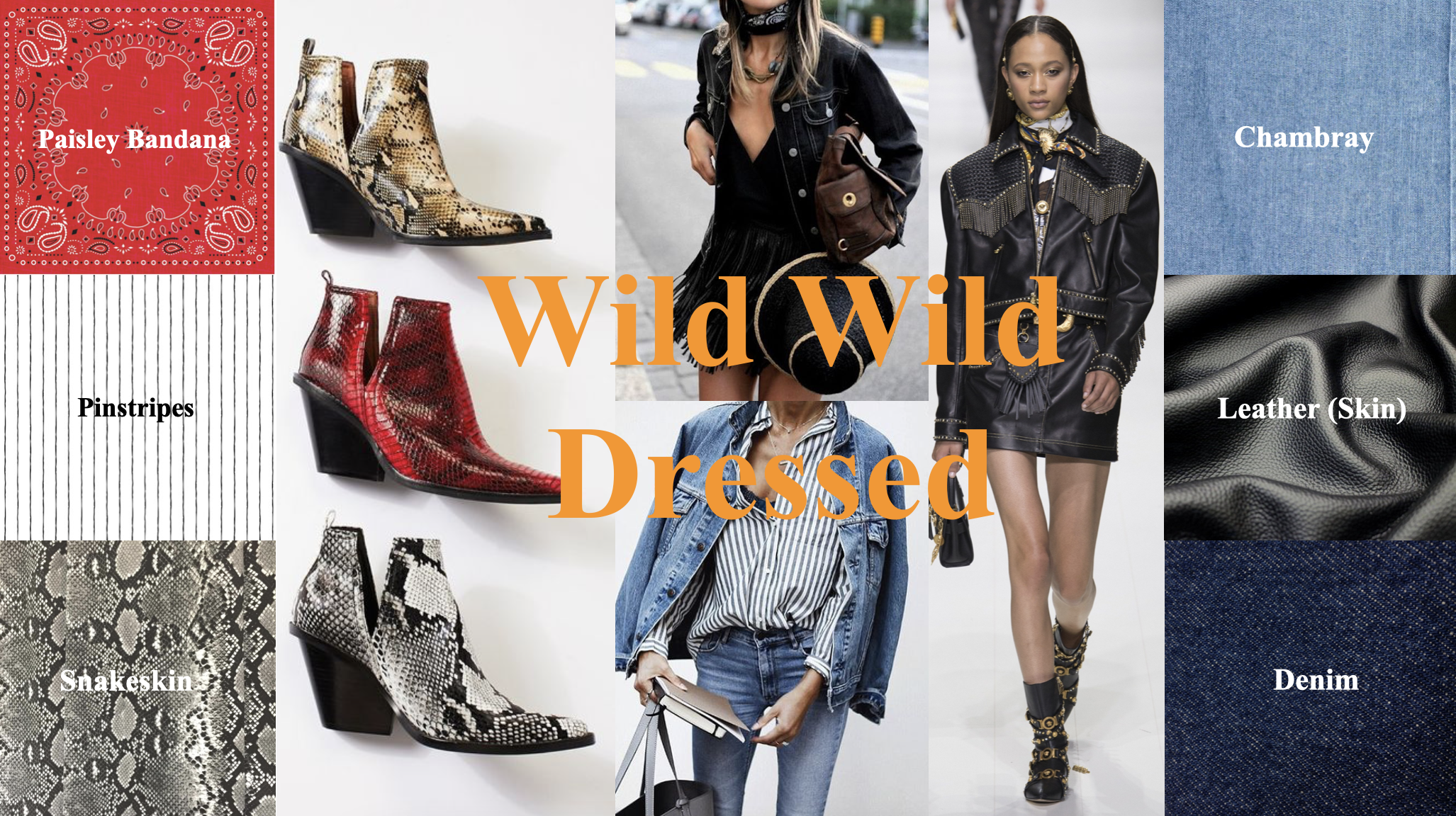 Pattern and Textiles	The three patterns I have chosen are paisley (specifically a bandana pattern), pinstripes, and snakeskin. All have subtle western inspiration without looking too costume-y. The textiles I have chosen are leather (a skin), denim,…