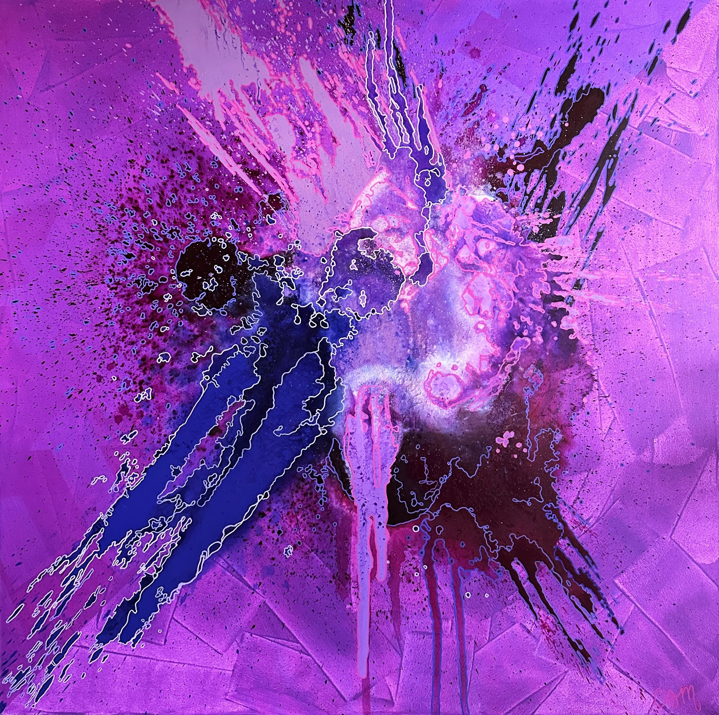 Abstract purple and blue paint splatter artwork with dynamic streaks and textures.