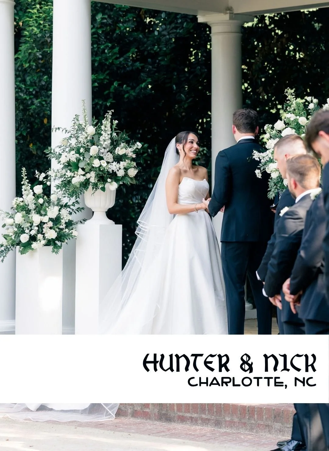 Classic white wedding florals for Charlotte, NC wedding.