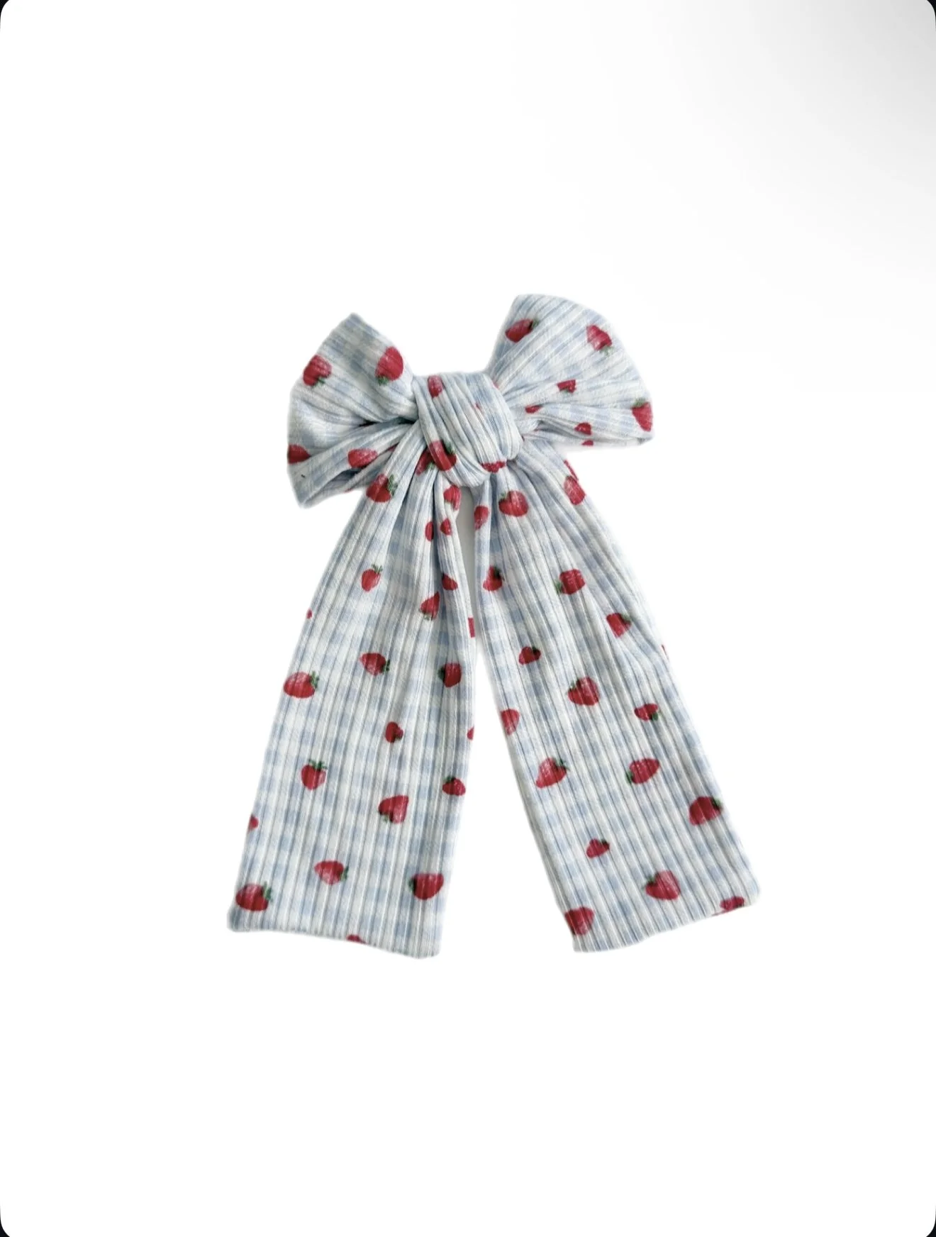 Strawberry On Blue Gingham - Long Whimsy Bow