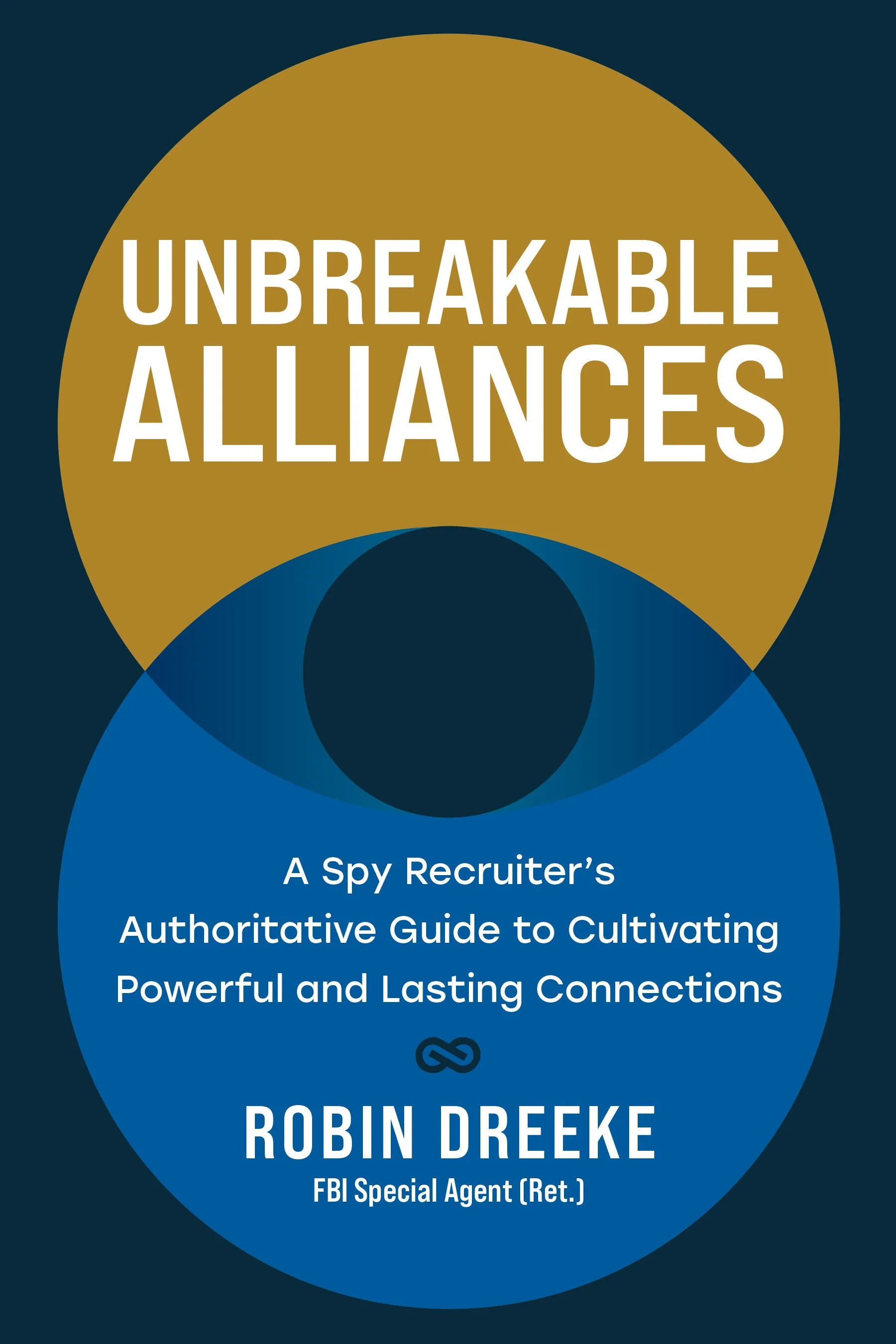 A book cover titled "Unbreakable Alliances: A Spy Recruiter's Authoritative Guide to Cultivating Powerful and Lasting Connections" by Robin Dreke, FBI Special Agent (Ret.). The cover features a geometric design with dark blue, gold, and blue circles and shapes.
