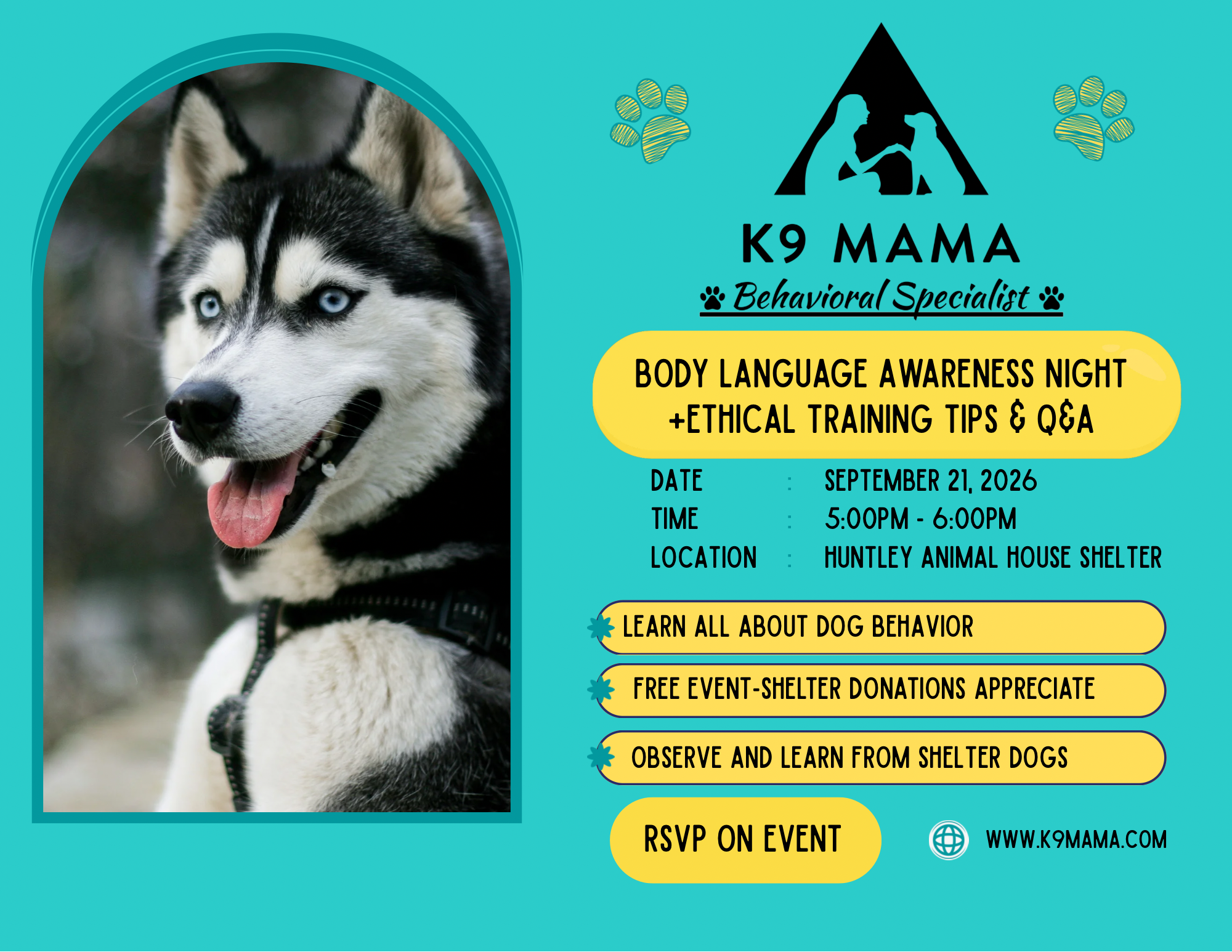 K9 Mama Behavioral Specialist: Body Language Awareness Night + Training Tips & Q&A  