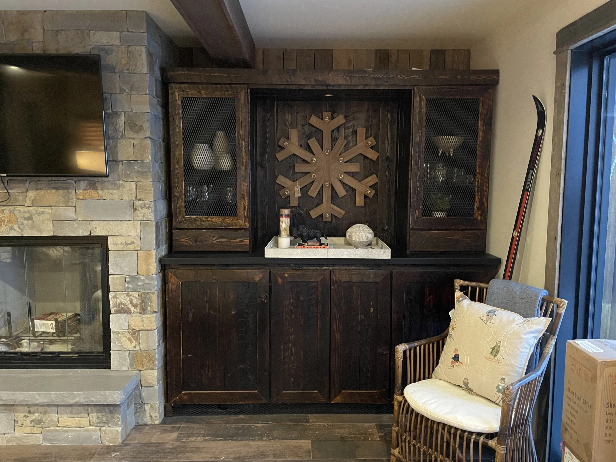 Custom Barn Wood and Steel Bar with Built in Wine Fridge.jpeg
