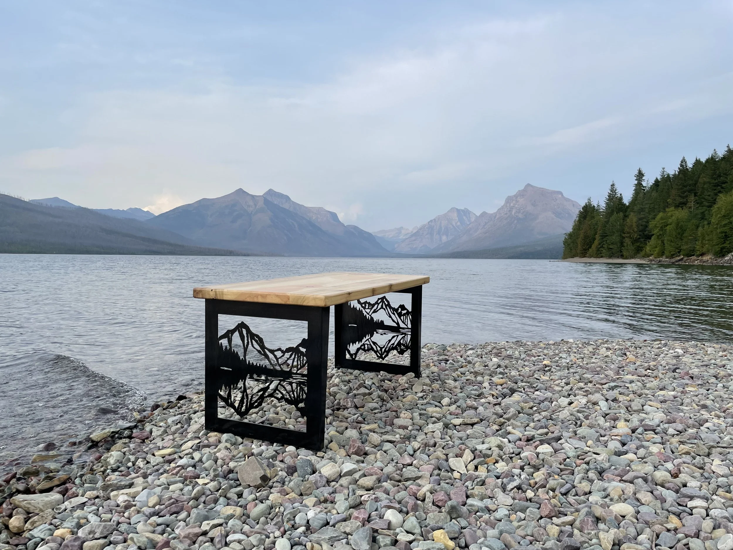 Creative Combinations Montana original steel and pine wood entryway bench, with Lake McDonald steel mountain legs, inspired from Glacier National Park.