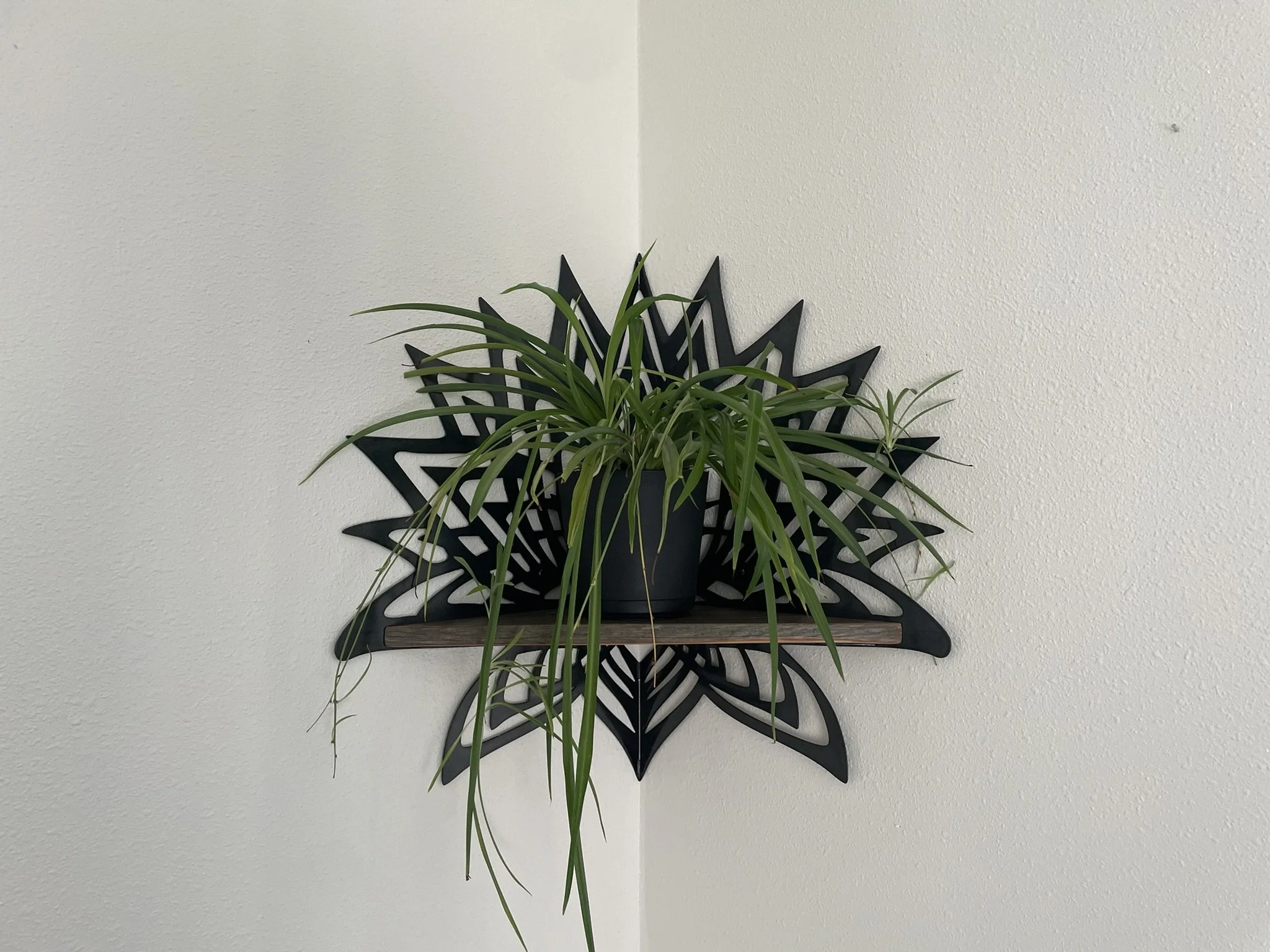 Photo of Creative Combinations Montana's Thousand Petal Lotus Steel and Wood Corner Shelf,  finished with a black magic patina finish and barn wood shelf.
