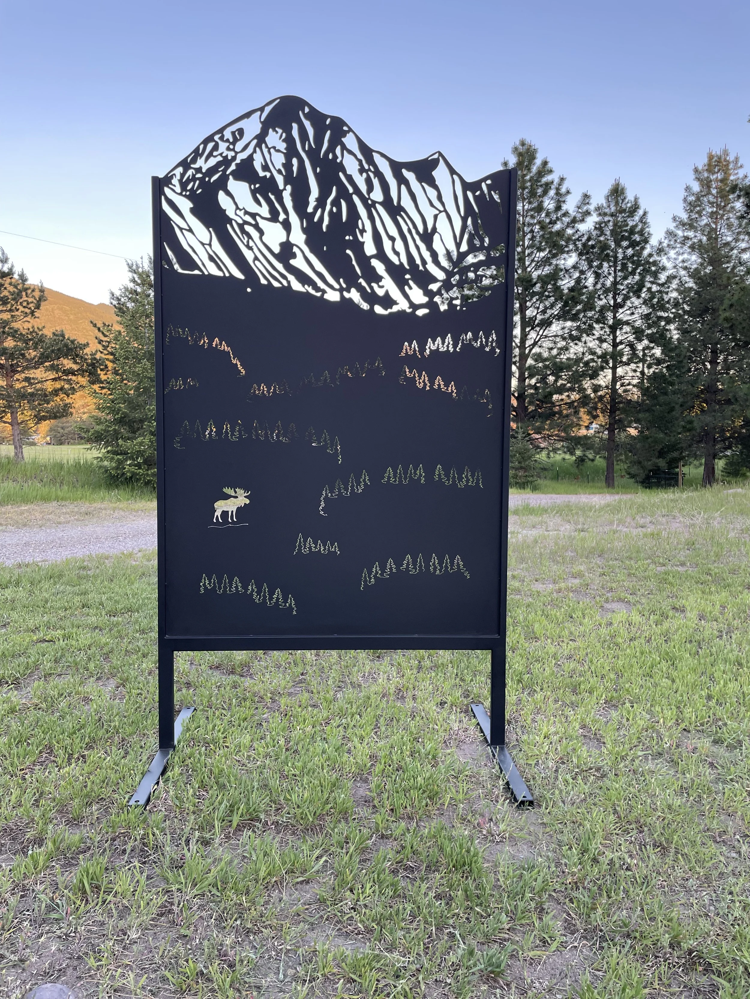 Montana mountain custom metal art privacy screen, powder coated black.
