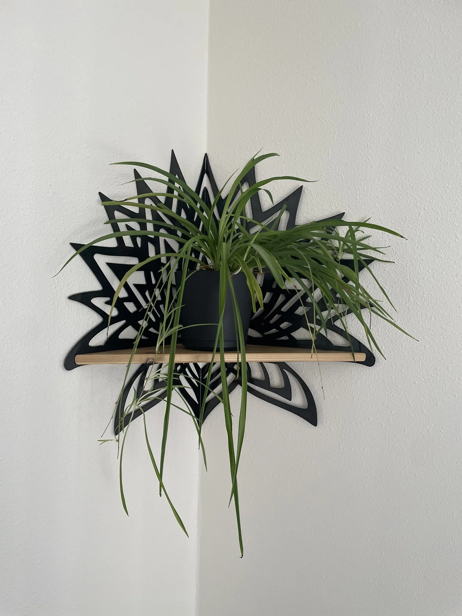 Photo of Creative Combinations Montana's Thousand Petal Lotus Steel and Wood Corner Shelf,  finished with a black magic patina finish and cedar woodshelf.