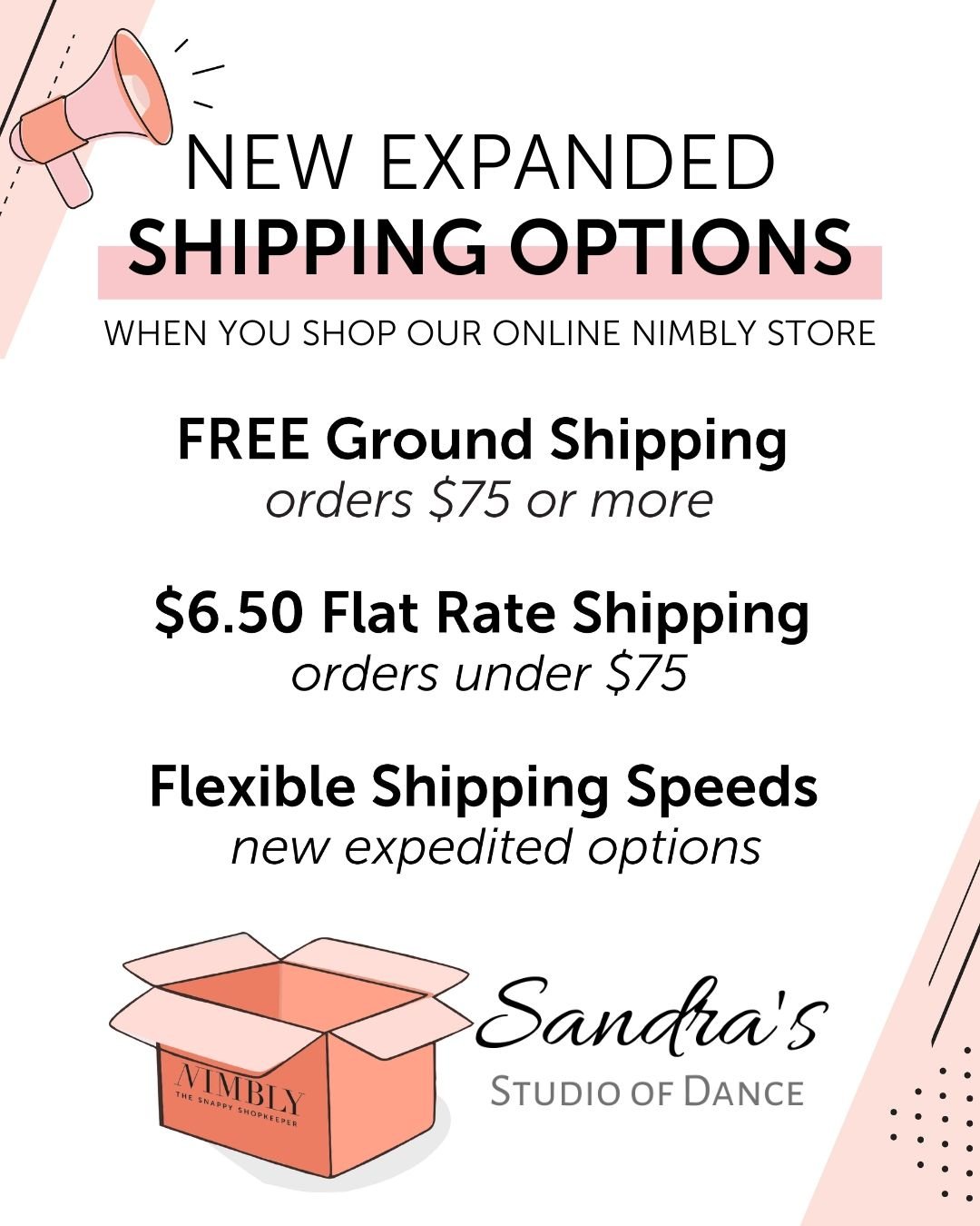 Our spring recital is four weeks away! Need a fresh pair of slippers, some backup tights for the recital, or maybe a nude leotard for quick costume changes? Order now from our Nimbly store, which offers free shipping and expedited shipping options.