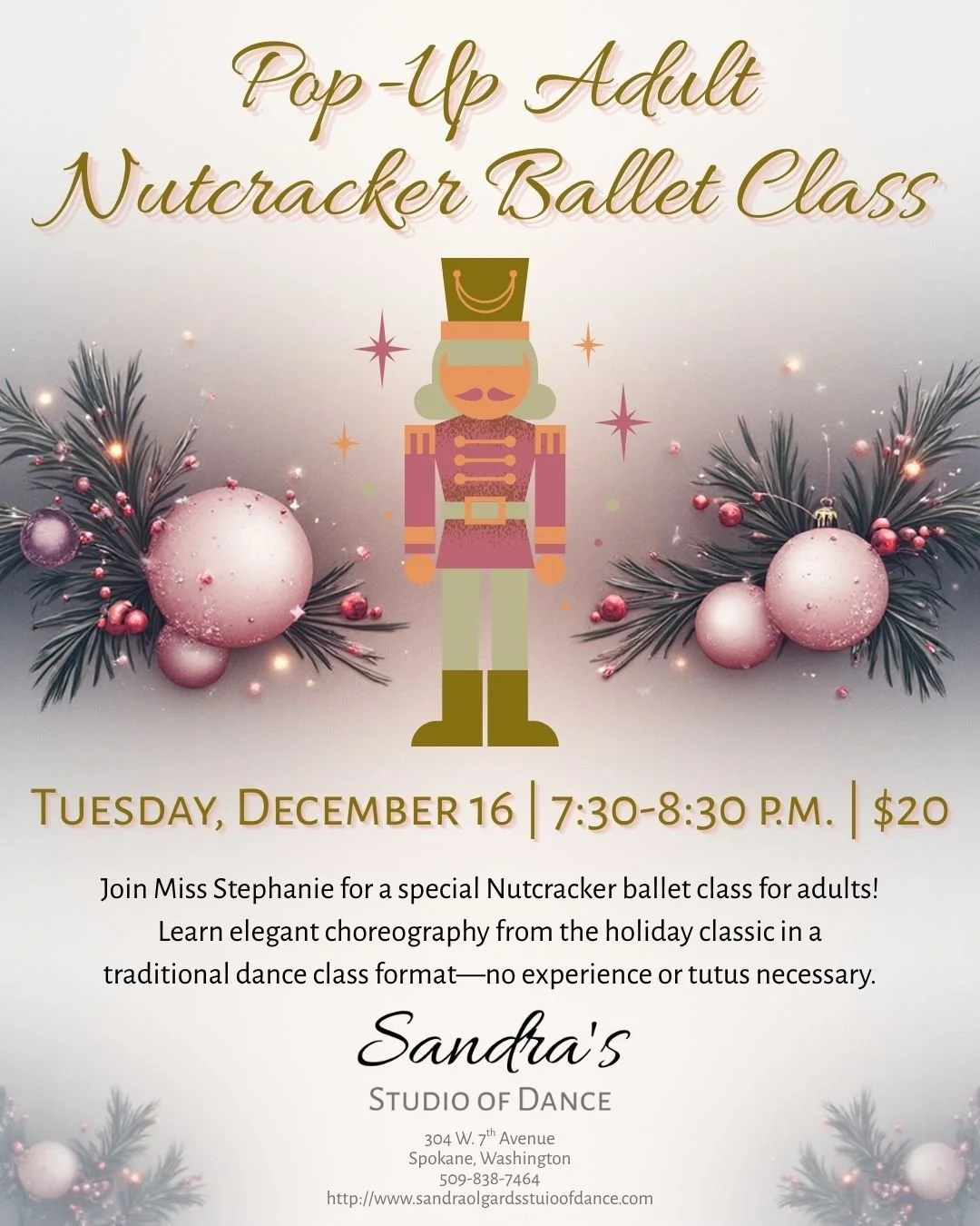 Ever wanted to dance in The Nutcracker? 🩰✨ Join us for a special adult ballet class next week! Traditional class format (barre, center, combinations) meets festive magic. All levels welcome&mdash;no tutus required! Sign up online today: https://www.