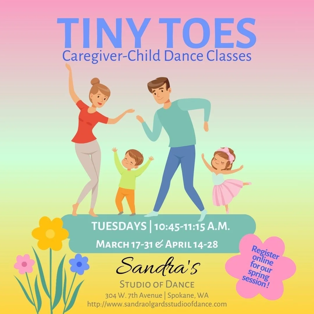 Our spring session of Tiny Toes starts in 2 weeks! This is the perfect lass for your toddler to get their wiggles out, learn foundational movement patterns, and spend time with their caregiver. 

#sandrasstudioofdance #spokanekids #spokanedancers #to