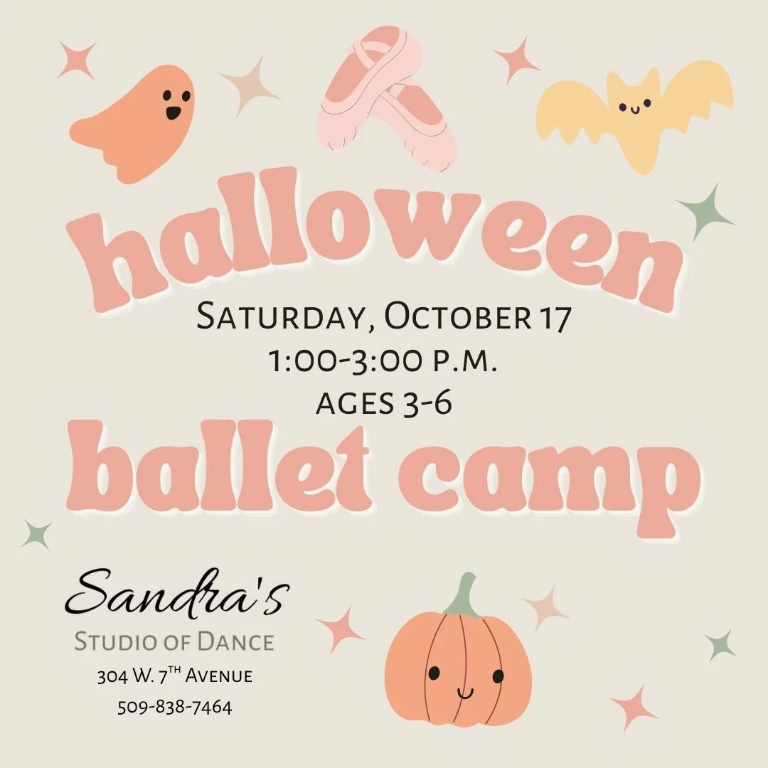 Registration is now open for next month's Saturday afternoon Halloween Ballet Camp!  Current students, former students, and friends are all welcome to join us for some seasonal fun. 

#sandrasstudioofdance #spokanedancers #spokanekids #dancecamp #pre