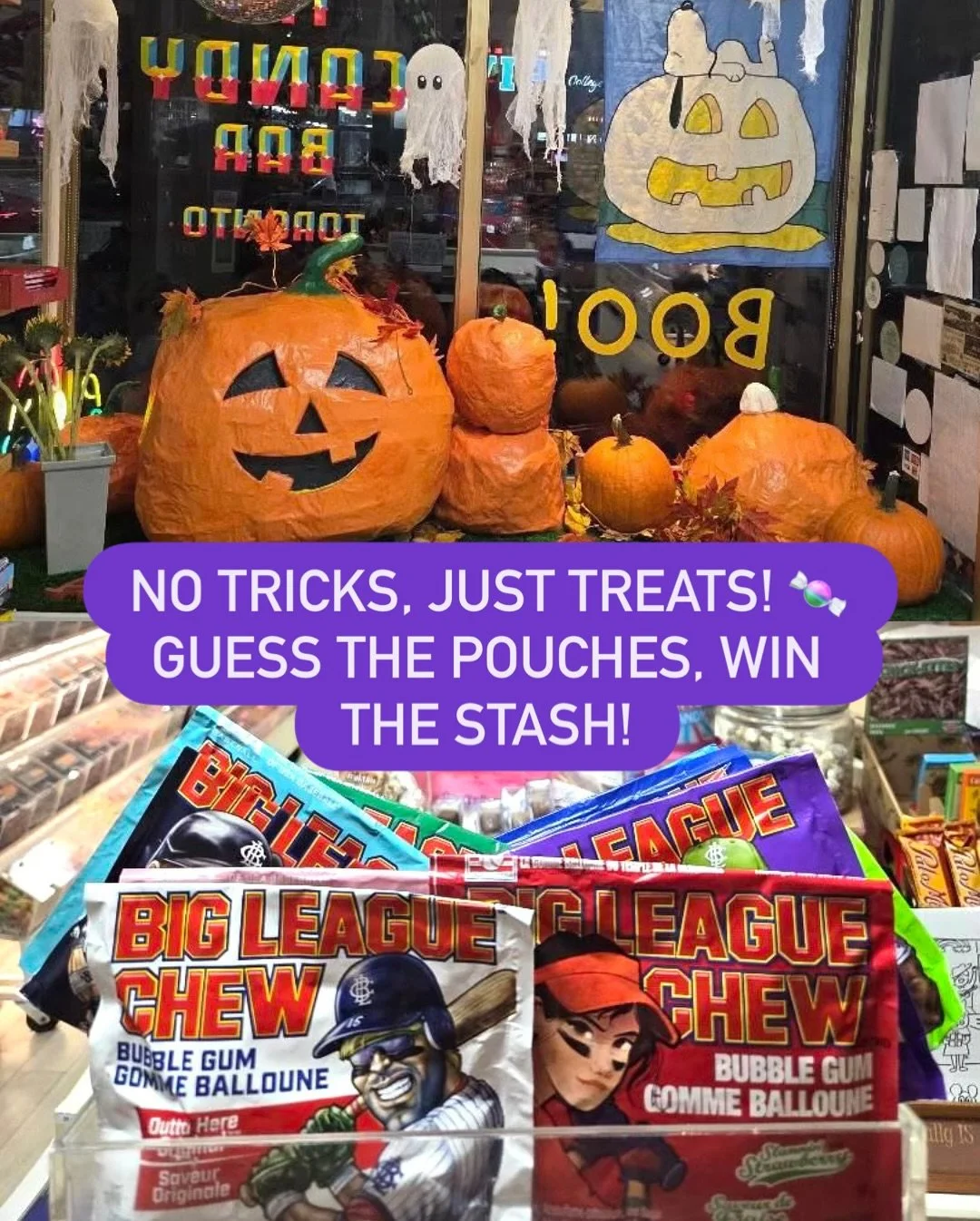 🎃⚾ TRICK OR TREAT, GUESS TO COMPETE! How many Big League Chew pouches are stuffed in the large pumpkin? Winner takes home a SPOOK-tacular variety pack! @thecandybartoronto 

👻 tag 2 friends and guess how many pouches in the comments 
👻 follow @big