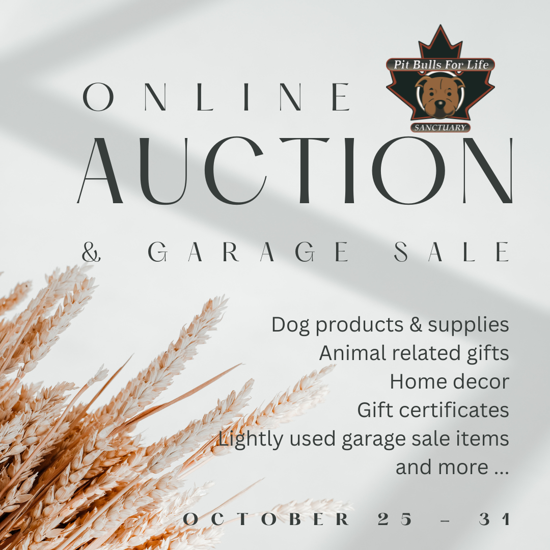 Pit Bulls for Life online auction and garage sale, October 25 to 31, featuring dog products and supplies, animal-related gifts, home décor, gift certificates, lightly used items and more.