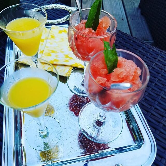 Homemade limoncello and Campari granita for a warm summer night! 🍋🍊 #limoncello🍋 #campari #freshorangejuice🍊🍹 #granita #inagartenrecipes #etsynapkins