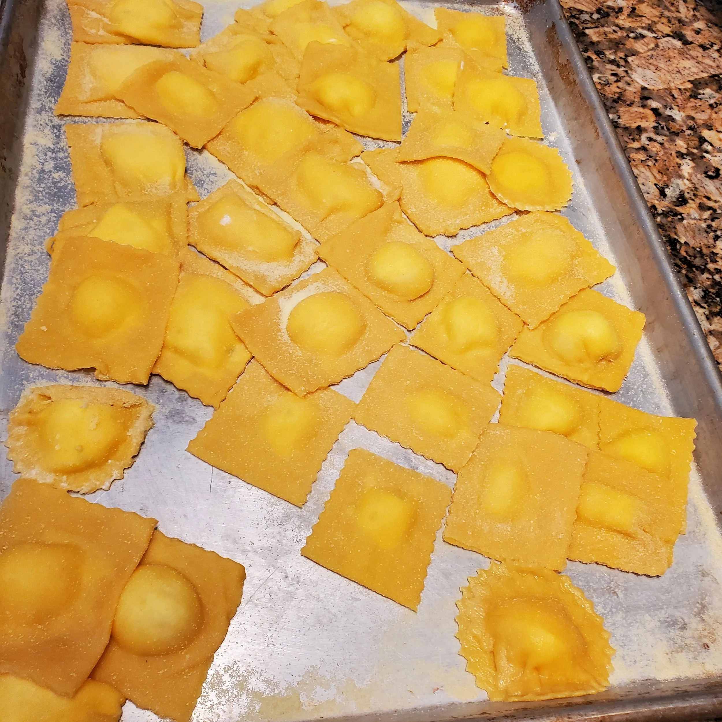 Pumpkin ravioli and Pappardelle with roasted tomato 4 available $85pp