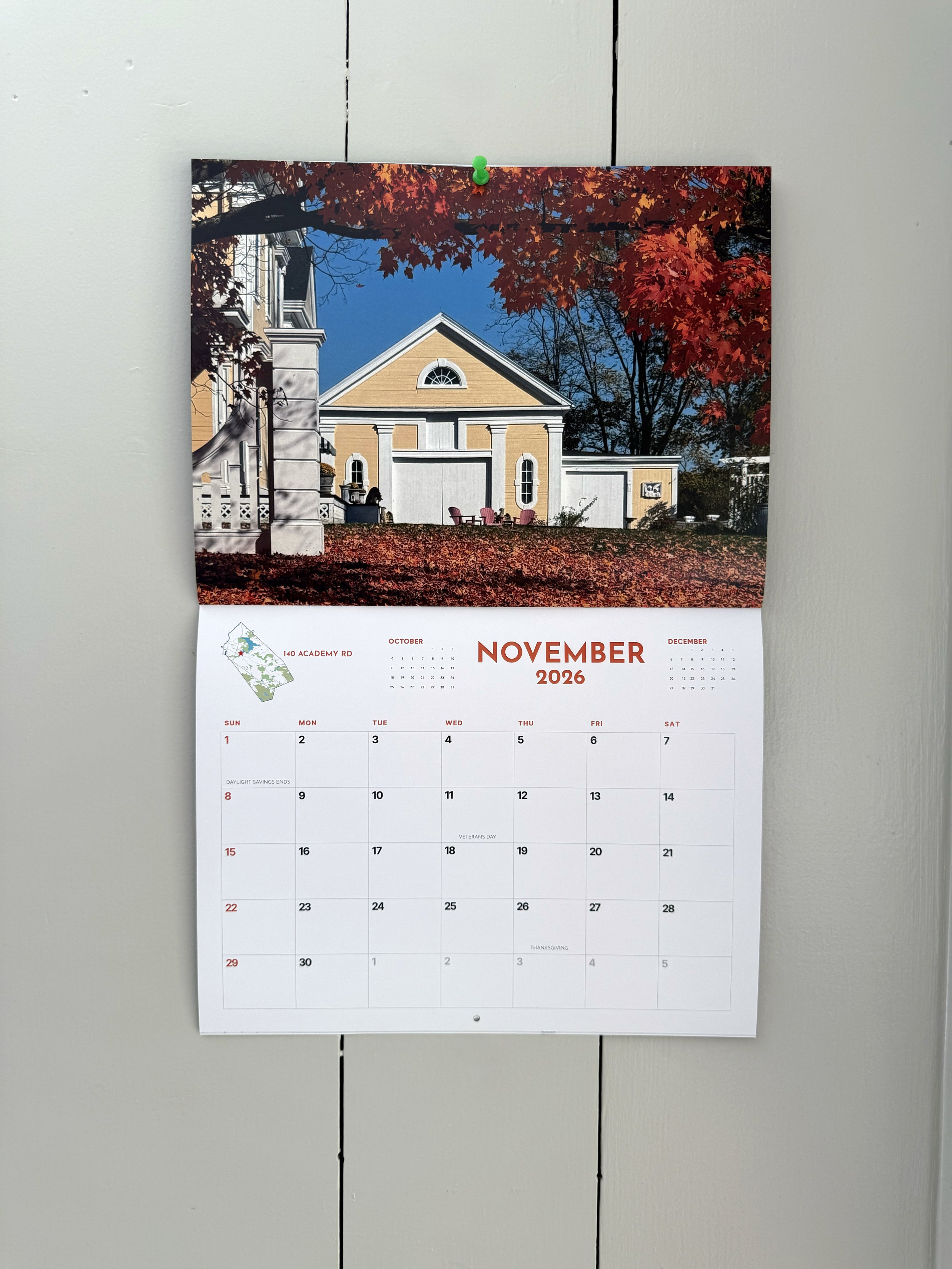 Each calendar page features a North Andover barn photo, map and location.