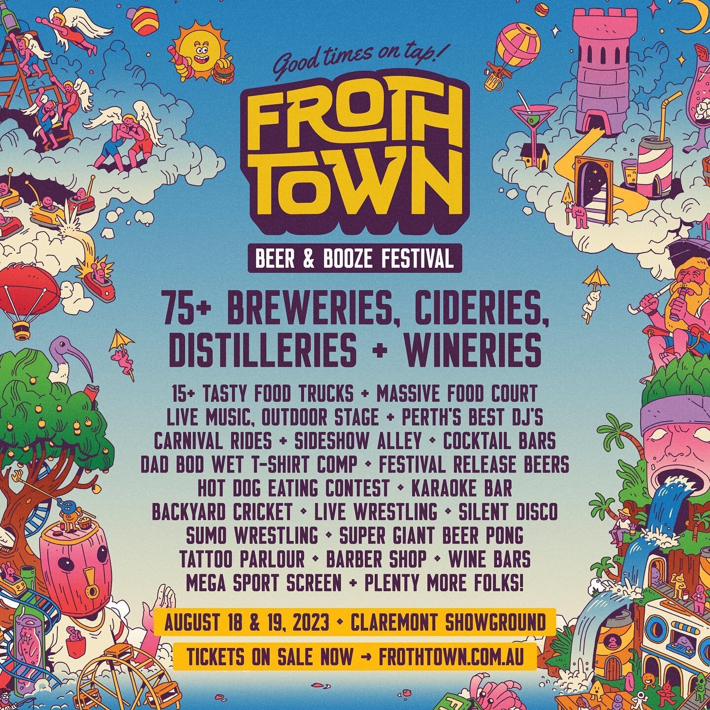 👯&zwj;♀️ @froth.town TICKETS ON SALE NOW 🎡
Gather your drinking buddies &amp; let&rsquo;s get Frothy!!

Get your Froth Town tickets NOW from as little as $30+bf with our epic early-bird special 🐥 

Cheers to that! 🍻

 🎟️ mtix.me/froth23