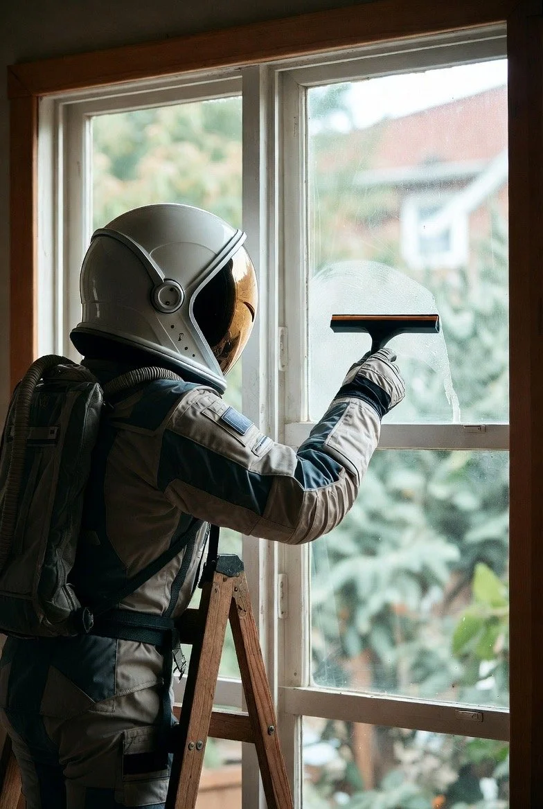 A person in a spacesuit cleaning a window inside a house with a squeegee.