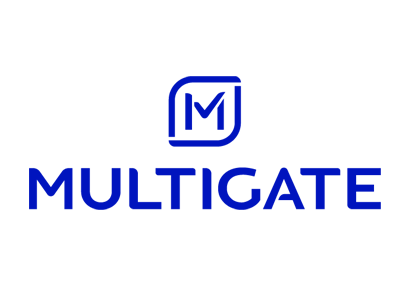 Founded by Design. Multigate logo with a stylized 'M' inside a rounded square, in blue, and the word 'MULTIGATE' below.
