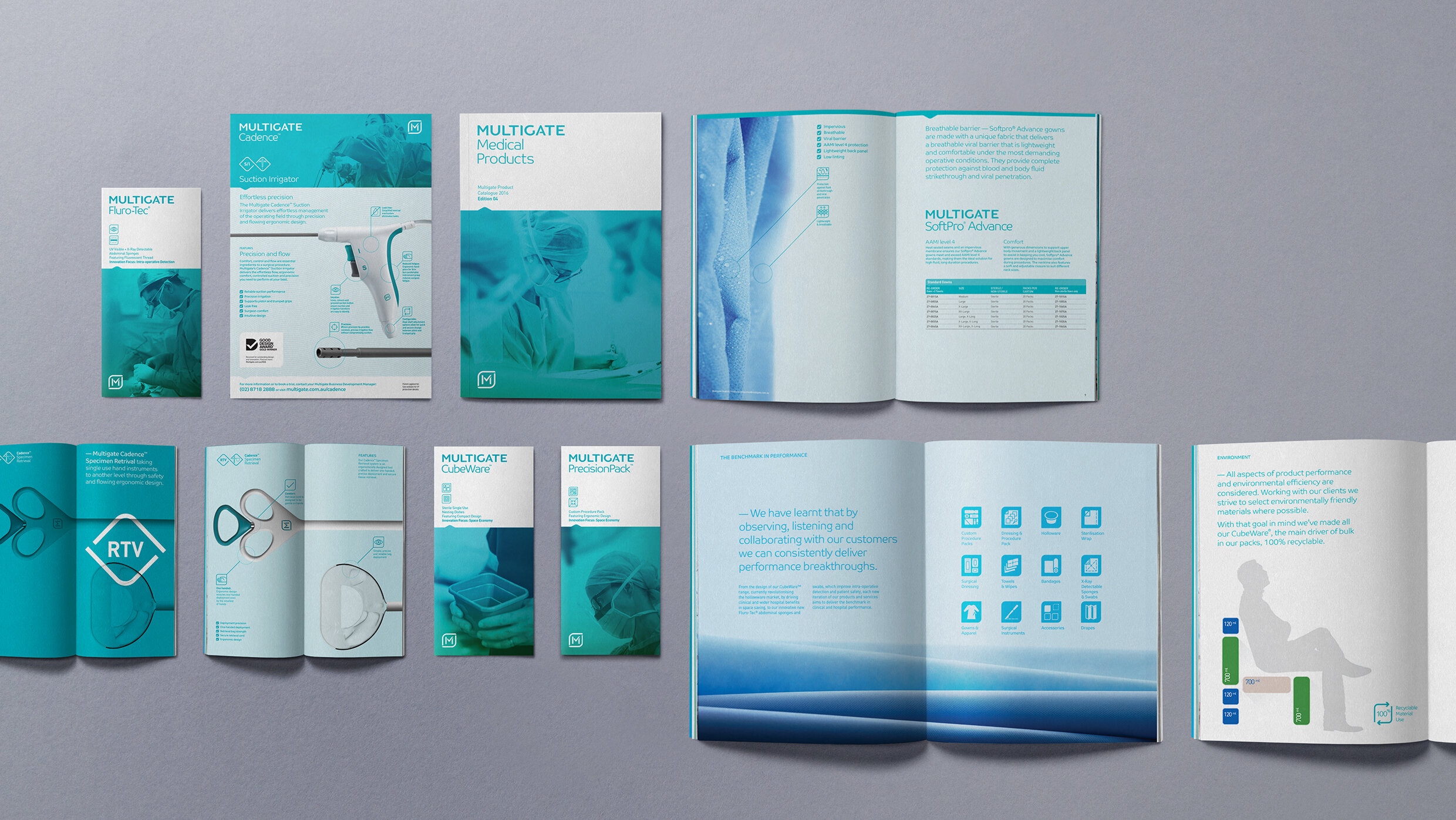 Founded by Design. Multigate medical products, collection of medical product brochures and catalogs, mainly in shades of blue, displayed on a flat surface. The brochures feature images of medical professionals, equipment, and related illustrations.