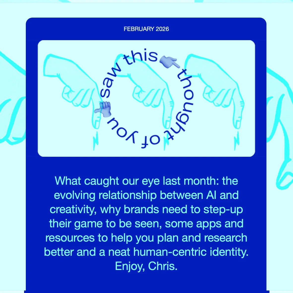 Saw this 👇 thought of you 👍

This months news-inspiration-resource letter in subscribers inbox this morning.

A newsletter that focuses on you, not us.

Put together to share ideas, insights and inspiration.

Haven't subscribed? Sounds interesting?