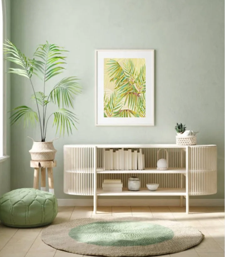 Little Mountain Palm print by Fabriculture in green room. Australian art